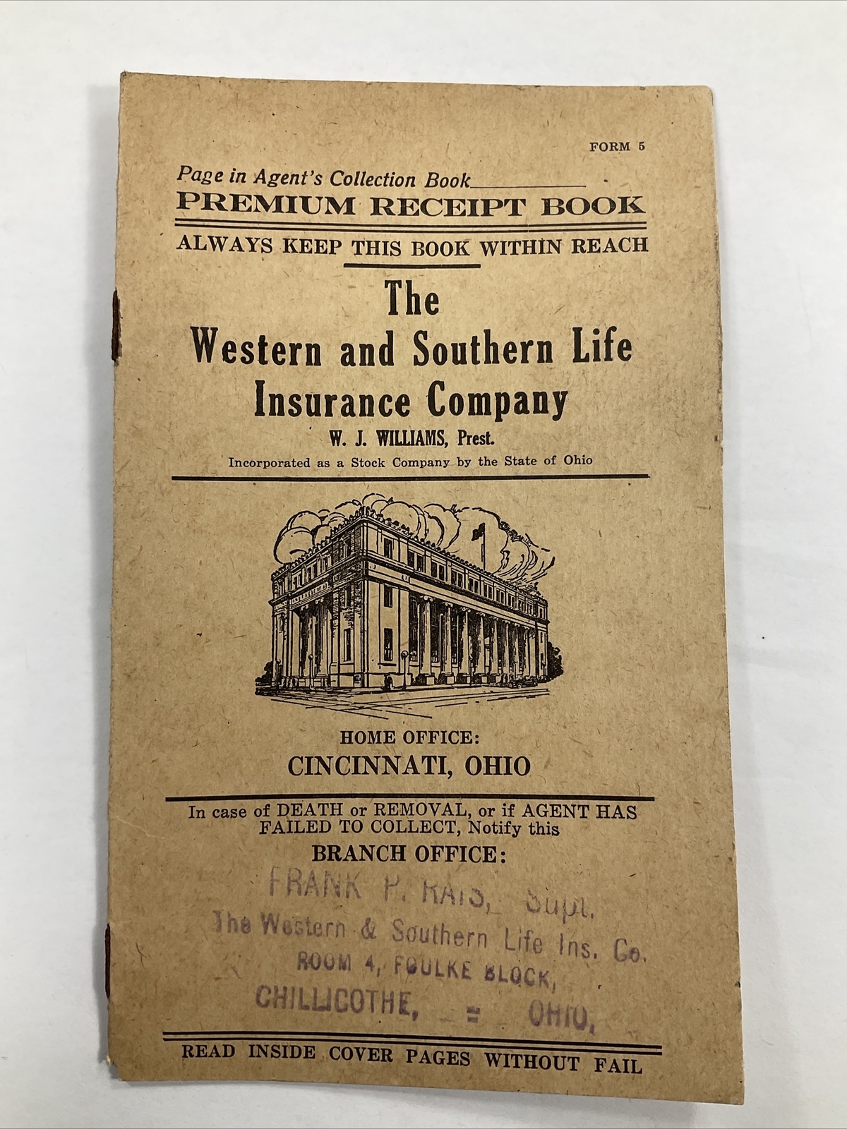 1921 Chillicothe, Ohio Frak Rays Western & Southern Insurance Receipt Book