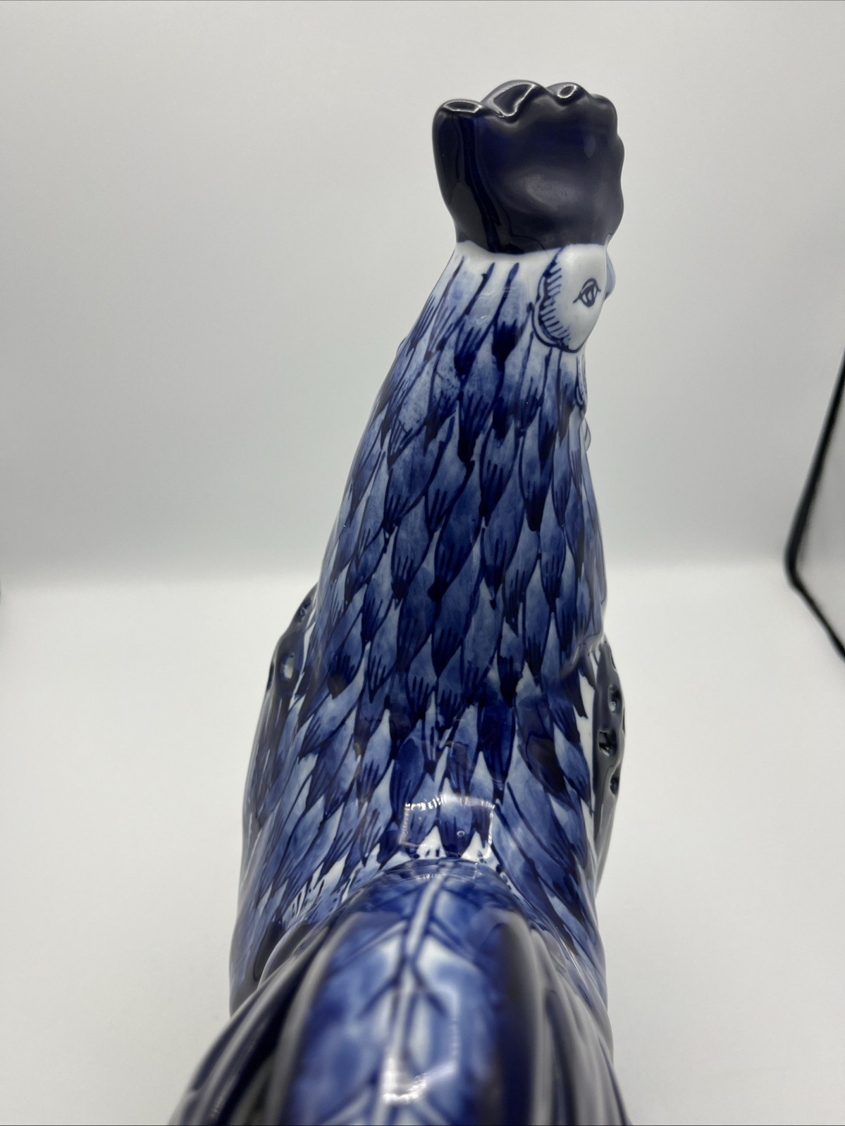 Ceramic Blue And White Chinoiserie Pierced Rooster Bird 15" High