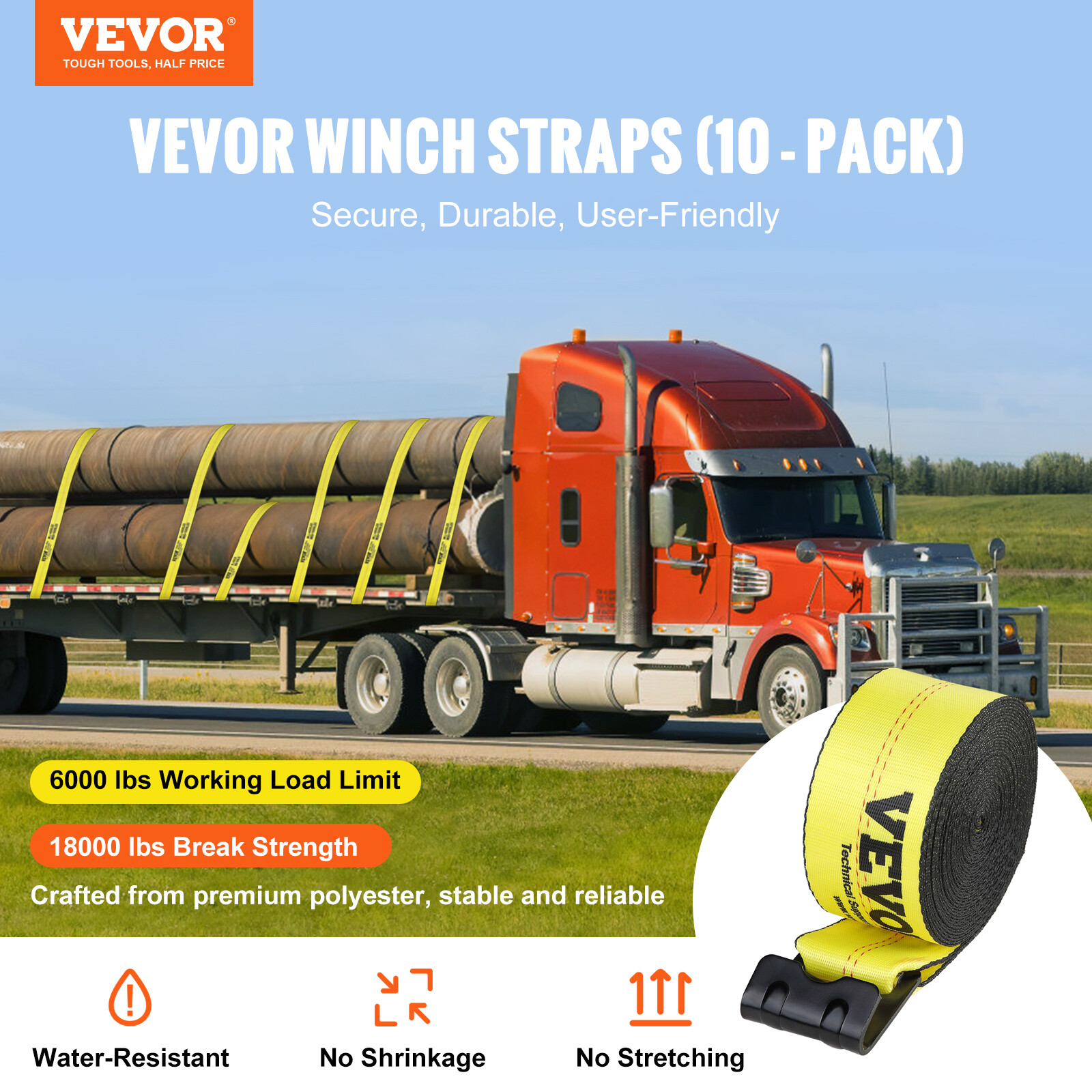 VEVOR 10 Pack 4"x40' Truck Winch Straps w/ Flat Hooks 18000 lbs Break Strength