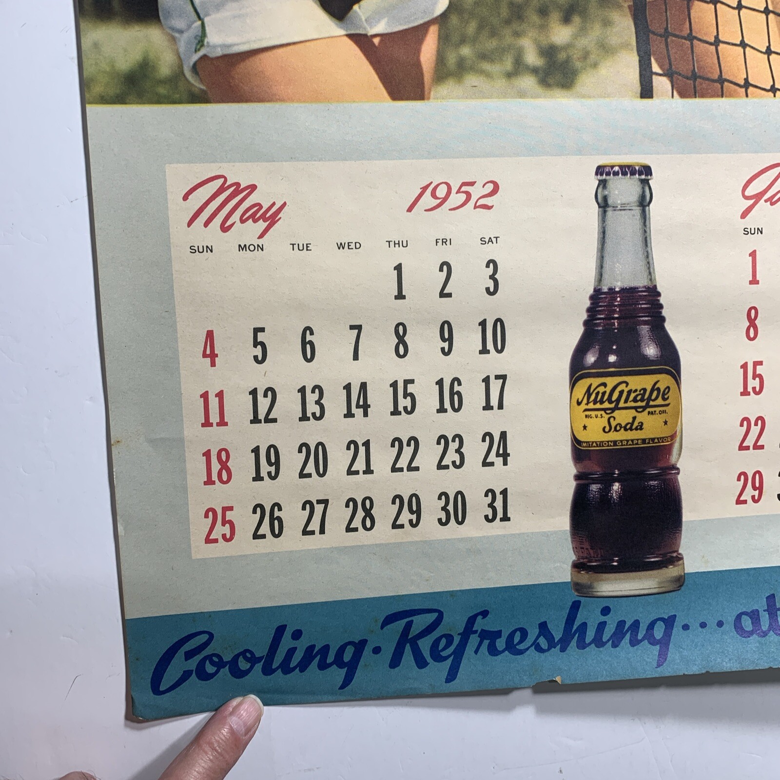 1952 NuGrape Soda Calendar Page Sign 2 Pretty Pin Up Tennis Girls Sport Original