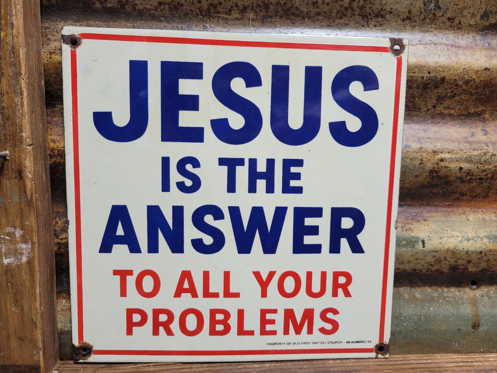 VINTAGE JESUS PORCELAIN SIGN OLD BAPTIST CHURCH RELIGIOUS BIBLE BEAUMONT TX GOD