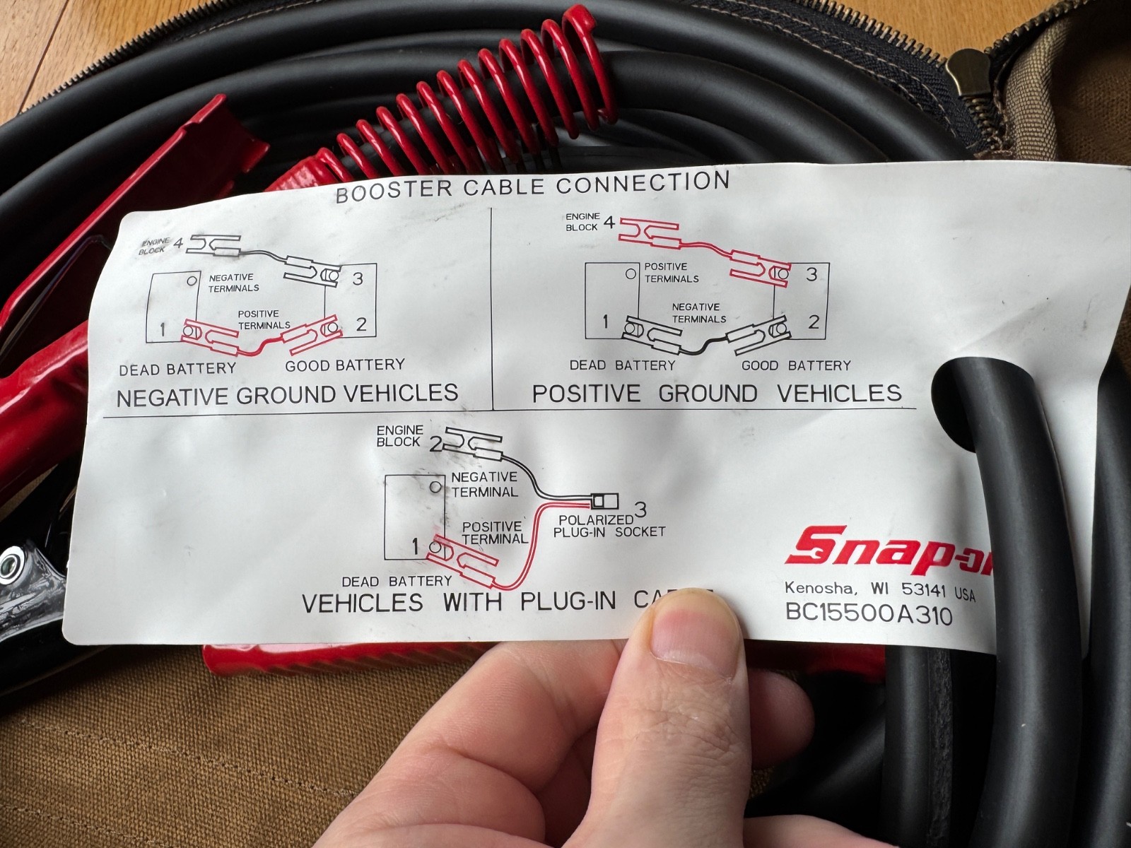 Snap-On 20' Jumper cables with Waxed Canvas Cable Bag, BC20500A