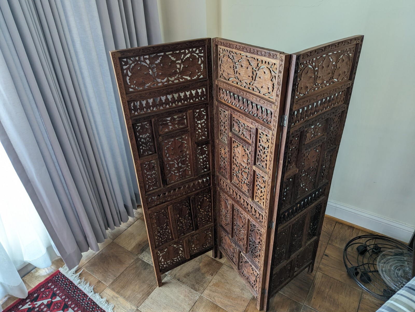 Vintage 3 Panel Hand Carved Screen, 4 ft. Tall Room Divider