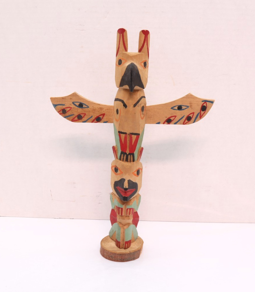 Vintage Northwest Coast Wood Carved Totem Pole 12.75" Tall Alaskan Sculpture