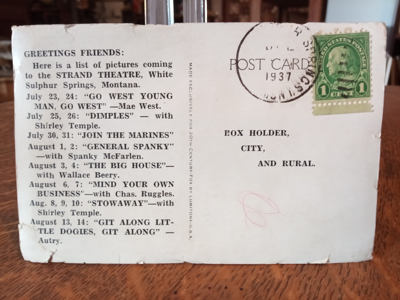 1937 US 1 Cent Green Franklin Stamp on Postcard with Shirley Temple Image