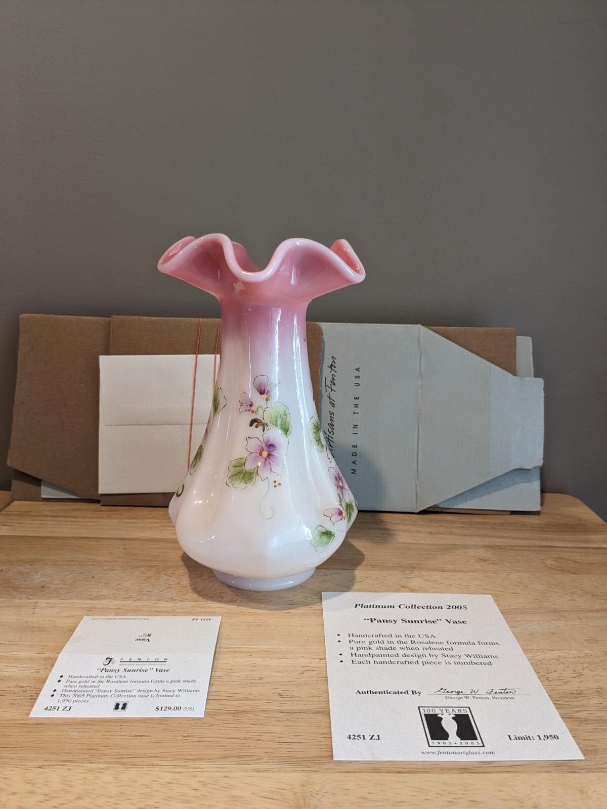 Fenton 2005 rosalene Pansy Sunrise vase LE Special Order