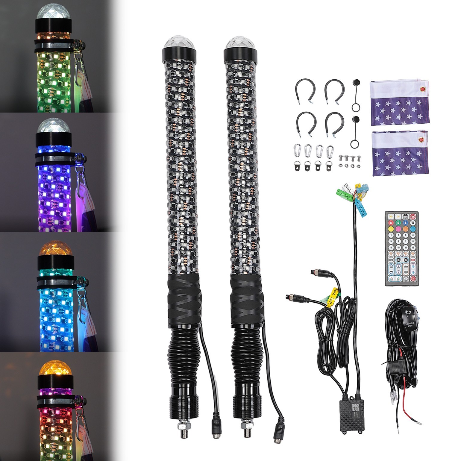 2PCS 2FT Fat Whip Lights LED Spiral Chasing Lighted w/ Warning Light for X3 RZR