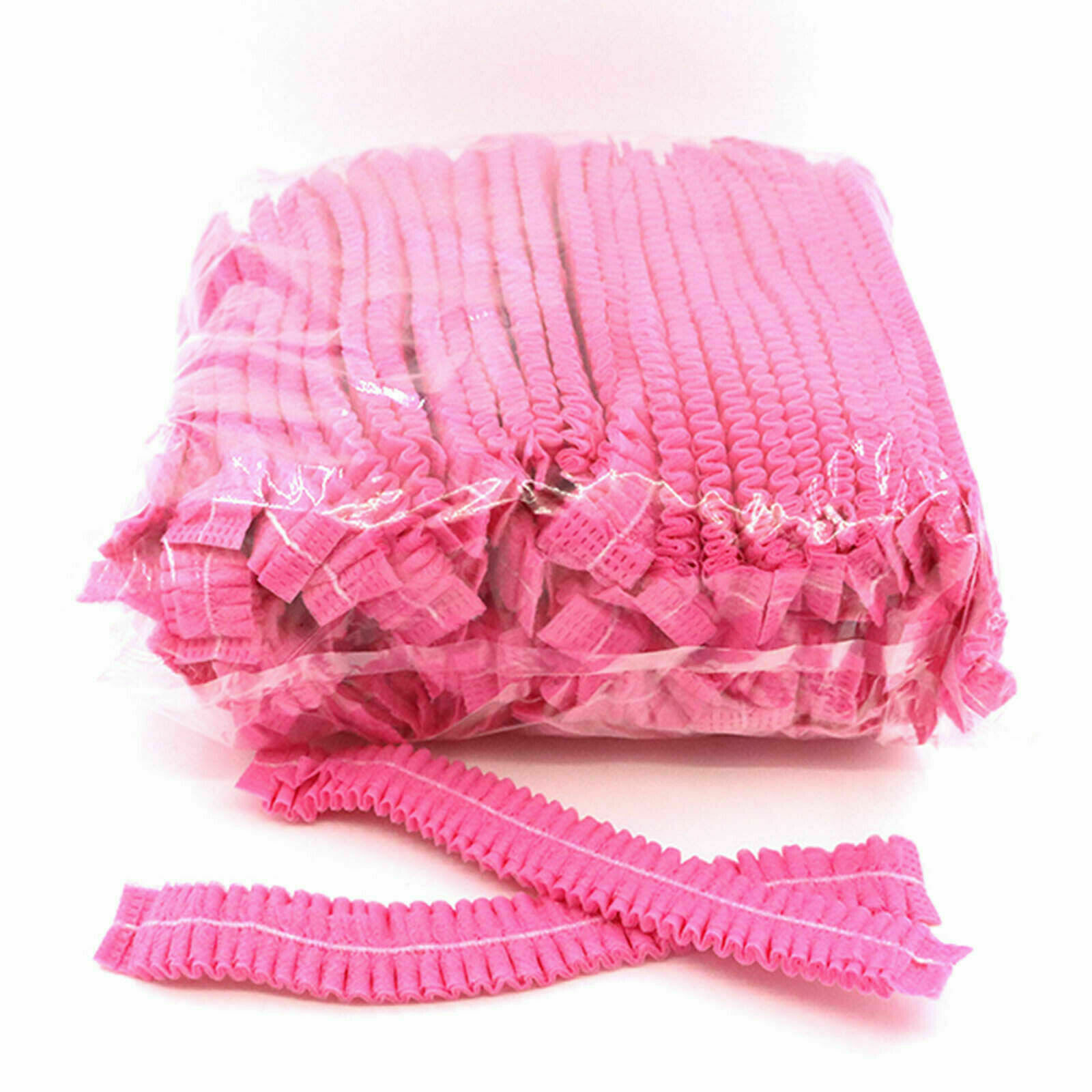100 Disposable 18" Non-Woven Strip Mob Caps(Pink/White) Net Bouffant Head Covers
