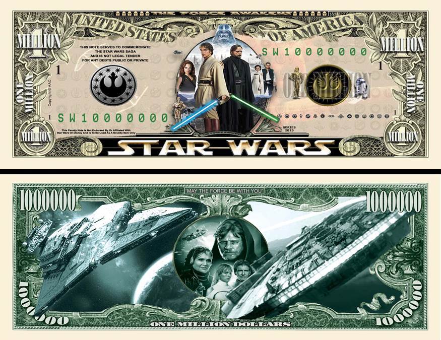 Star Wars Set of 7: Million Dollar Bill Funny Money Novelty Notes +FREE SLEEVES
