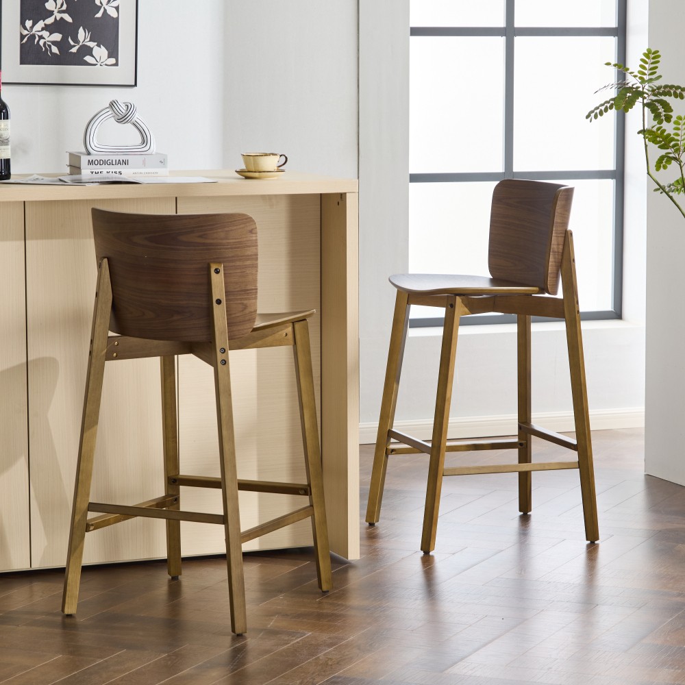 Bar Stools Set of 2, Walnut Brown Ergonomic Bentwood Back Kitchen Island Stools
