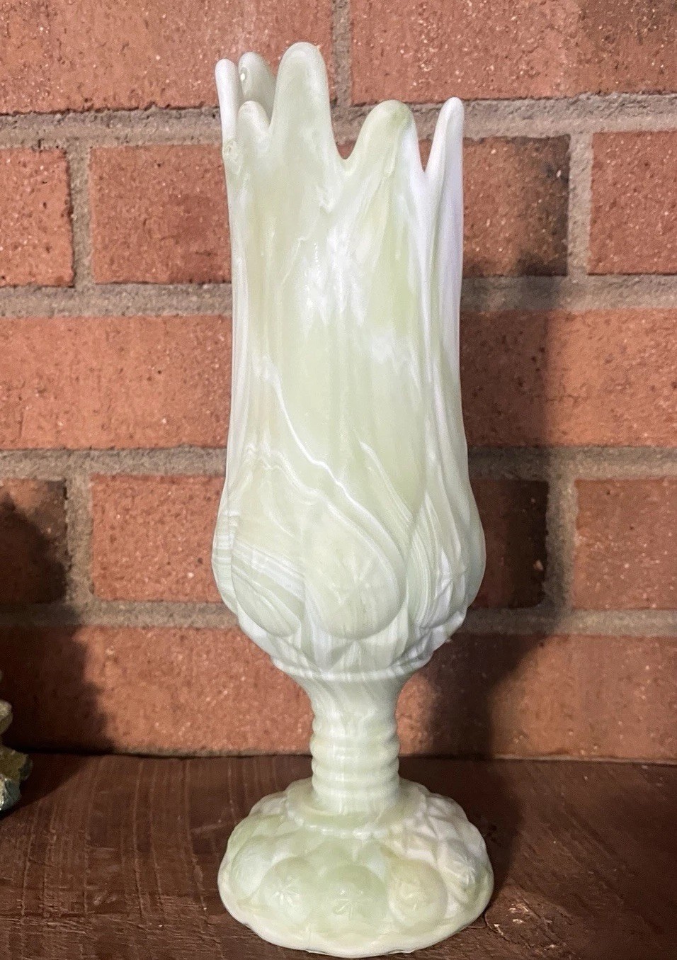 Kanawha Moon And Stars Green Slag Glass Swung Vase End Of Day ~ Rare