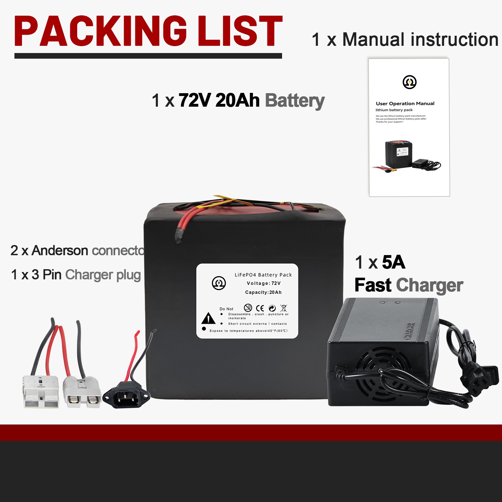 72V 20Ah LiFepo4 Lithium Battery Pack for 250W-1800W Motor B ike 50A BMS