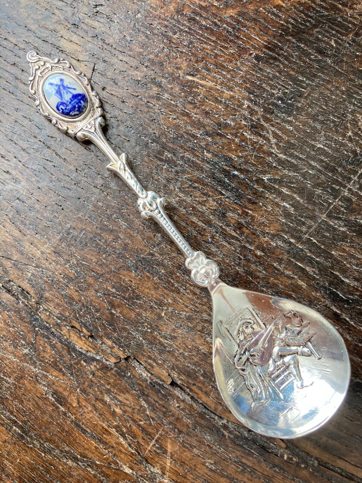 Vintage Silverplate Dutch 90 SOUVENIR SPOON Delft Windmill Lute Player VERY NICE