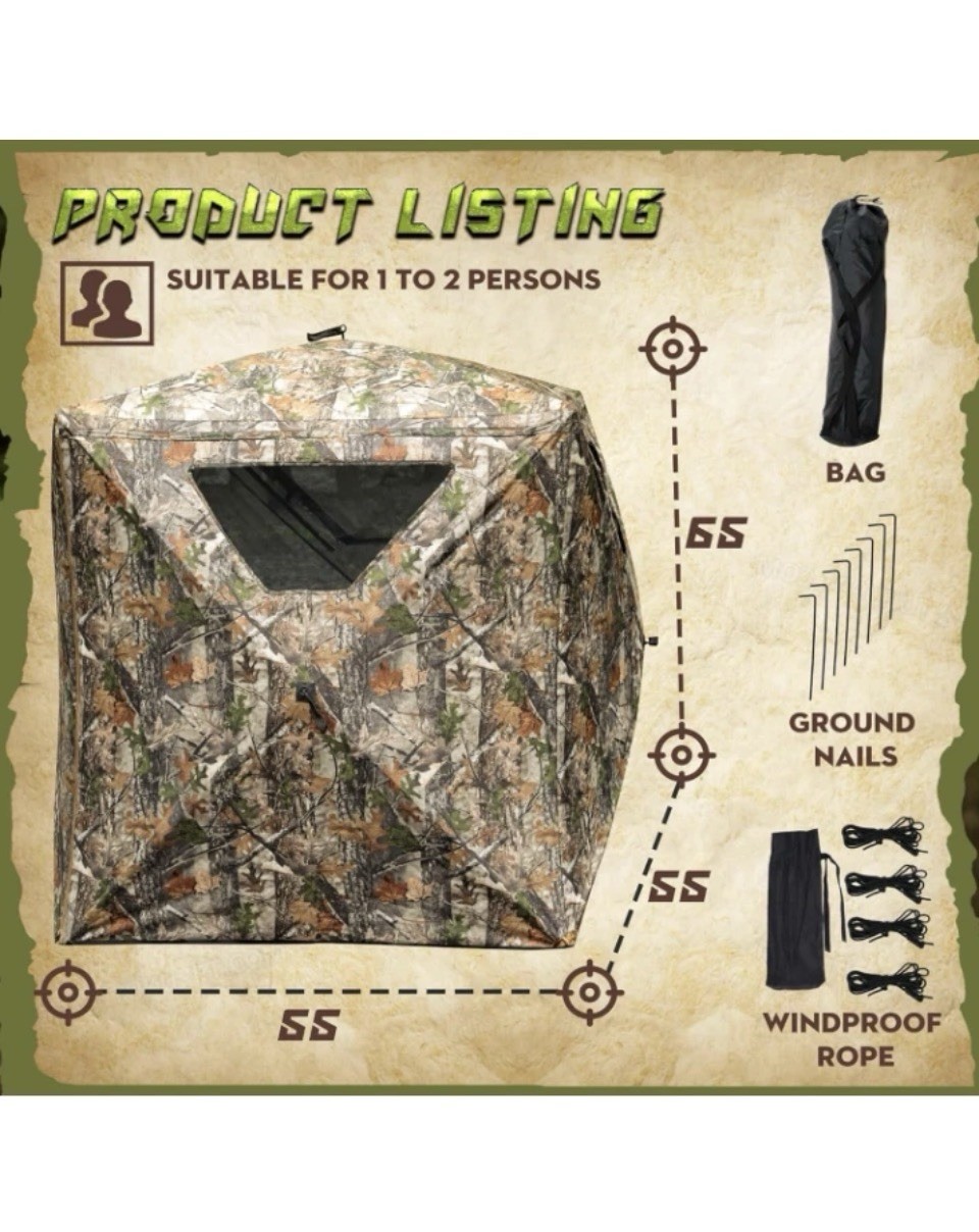 Hunting Blind, 2 Person Pop Up Blinds 360 Degree See Through, Portable Durable