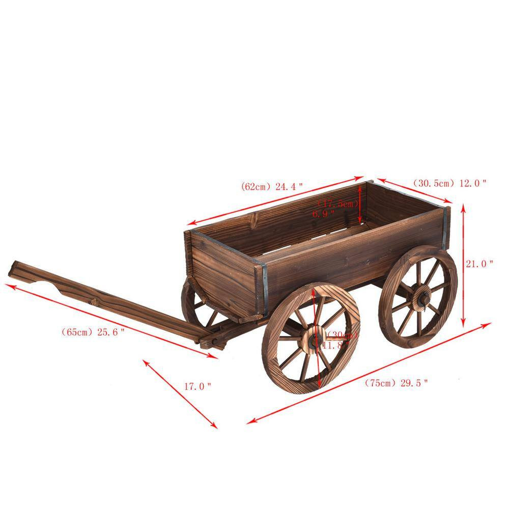 Brown Wood Wagon Flower Outdoor Wood Plant Stand Pot Stand with Wheels