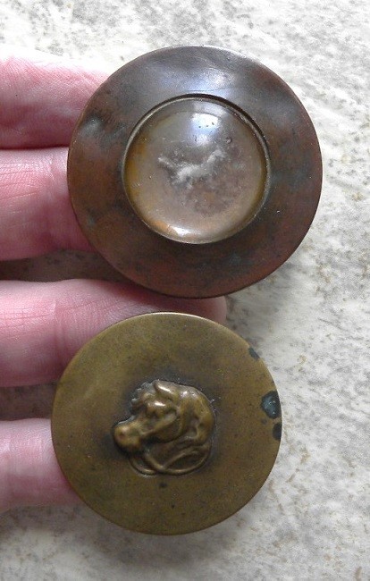 2 old Original Brass, Horse with Glass Bubble, Horse Head Bridle Rosettes