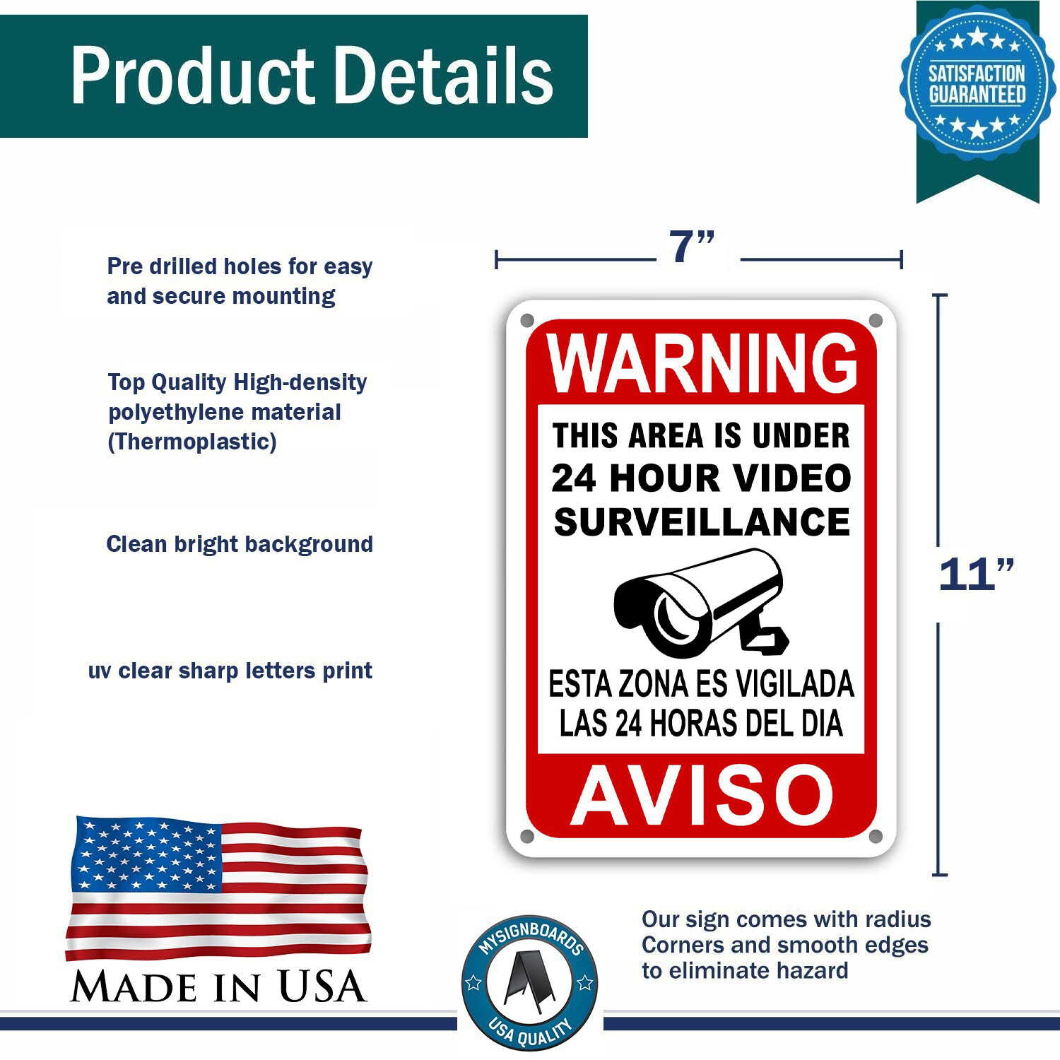 CCTV Warning Home Security Video Surveillance Camera Sign English/Spanish AVISO