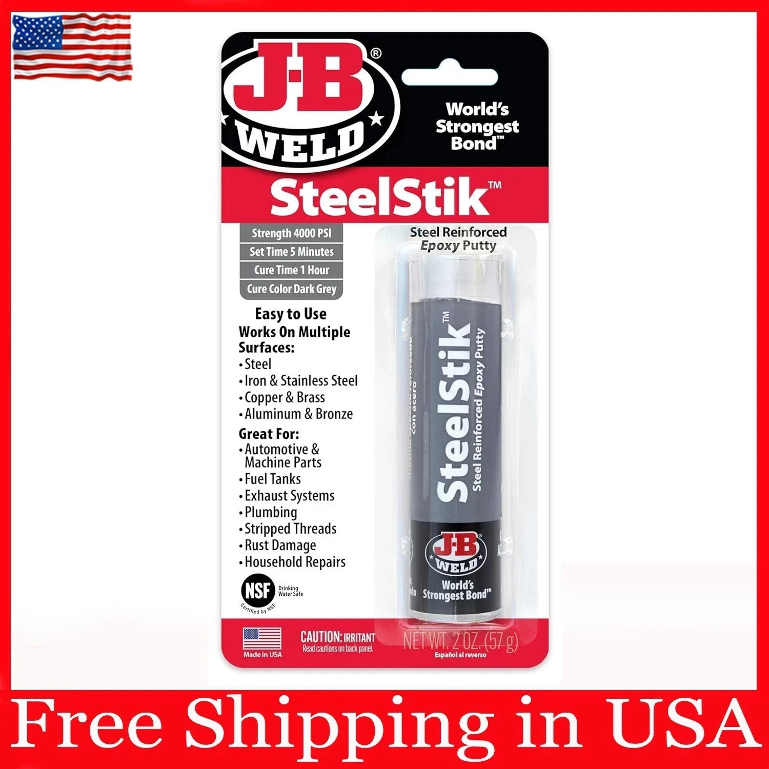 J-B Weld 8267 SteelStik Steel Reinforced Epoxy Putty Stick - 2 oz.