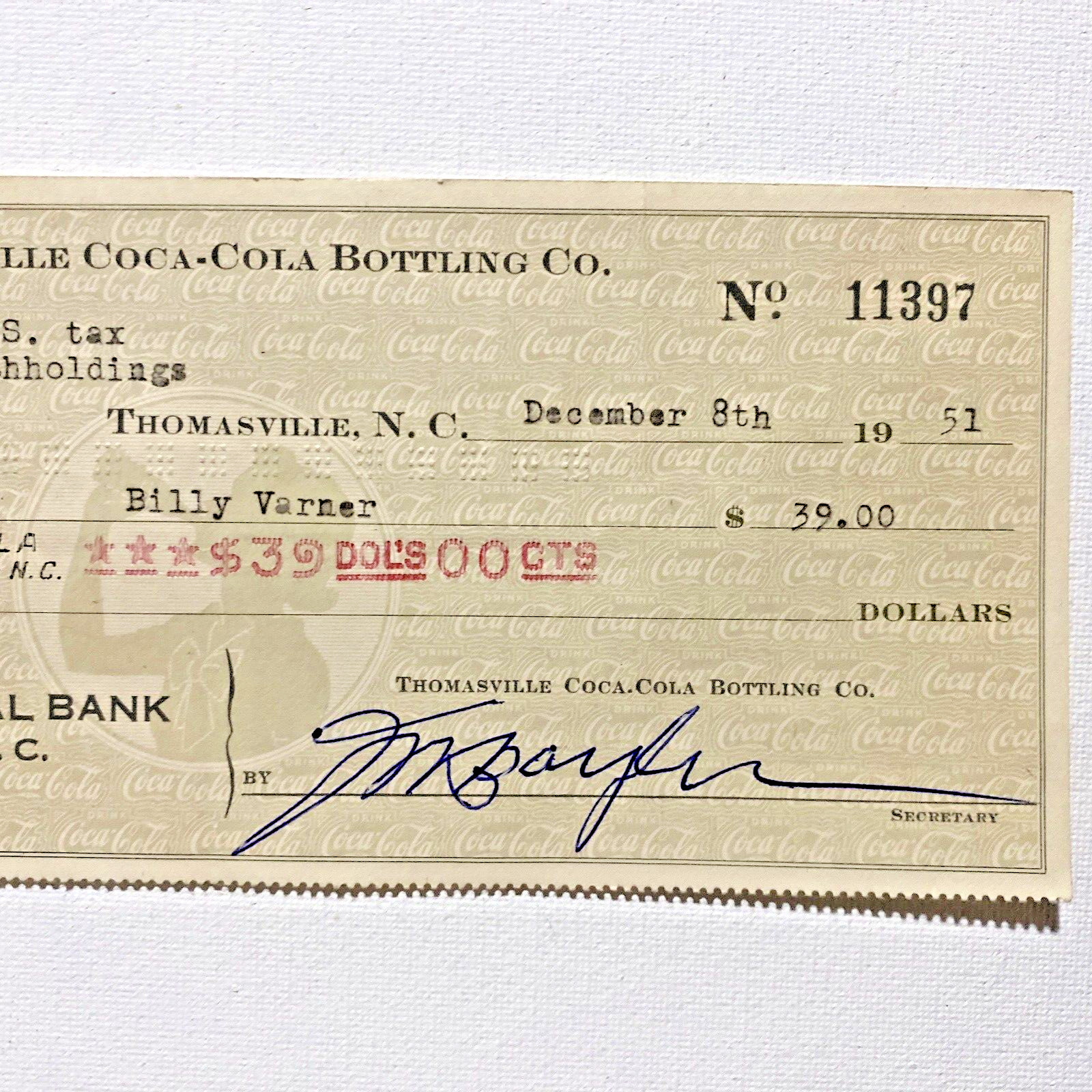 1951 Coca-Cola Bottling CO Coke Canceled Check Thomasville, N.C. National Bank.
