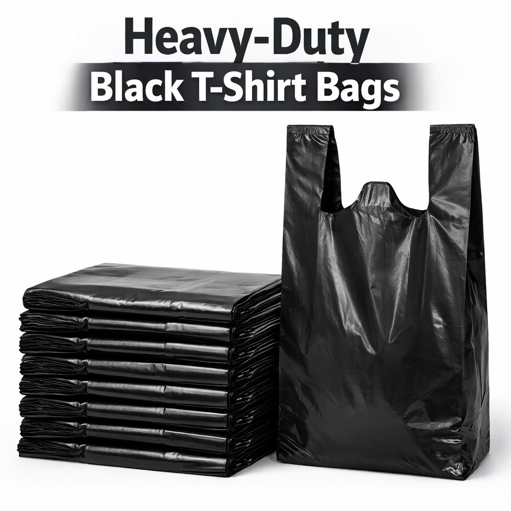 Black Heavy Duty T-Shirt Bags 17x8x29 Extra Large Grocery Retail Bags Bulk
