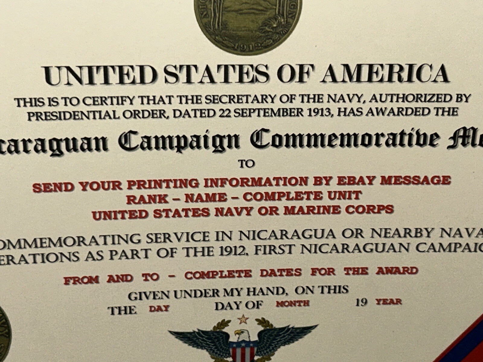 NICARAGUAN CAMPAIGN (NAVY) COMMEMORATIVE MEDAL CERTIFICATE ~ W/PRINTING TYPE-1