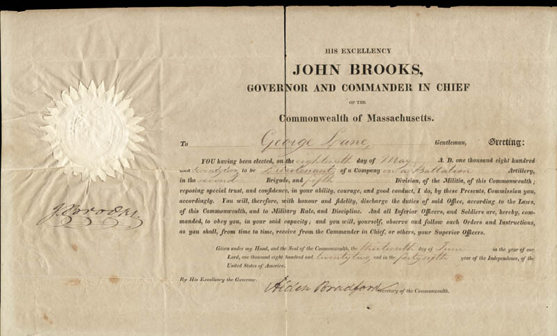 JOHN BROOKS - DOCUMENT SIGNED 06/13/1822 CO-SIGNED BY: ALDEN BRADFORD