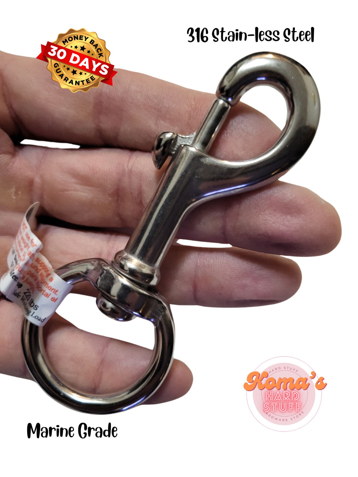 316 stainless steel Bolt action swivel snap hook clasp with 1 1/8" eye. 4 1/8"