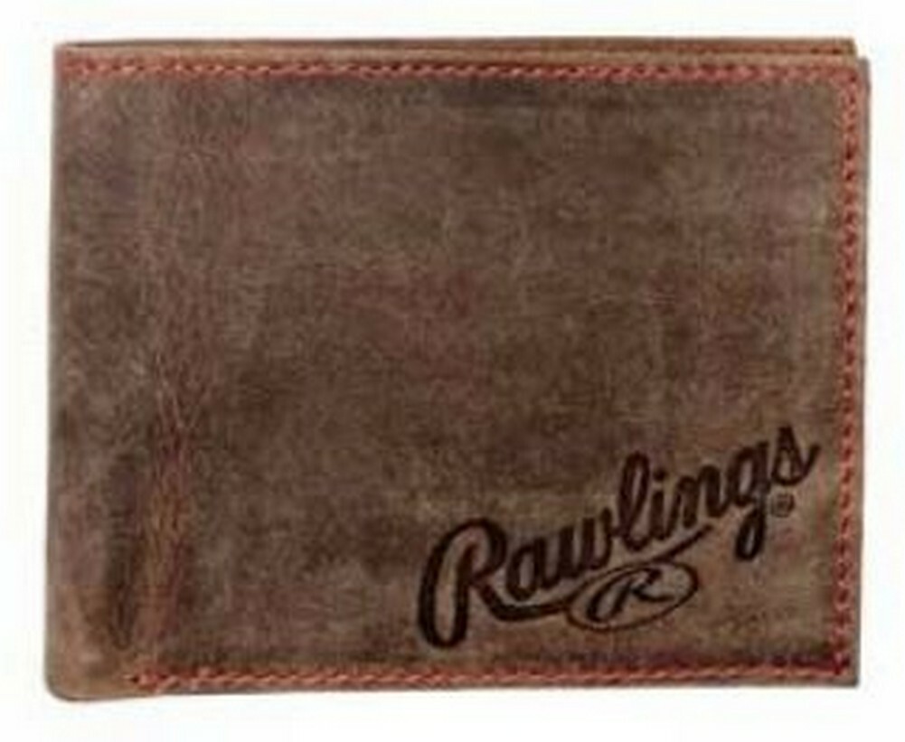 Rawlings High Grade Debossed Bi-fold Wallet Baseball Red Stitch Leather Brown