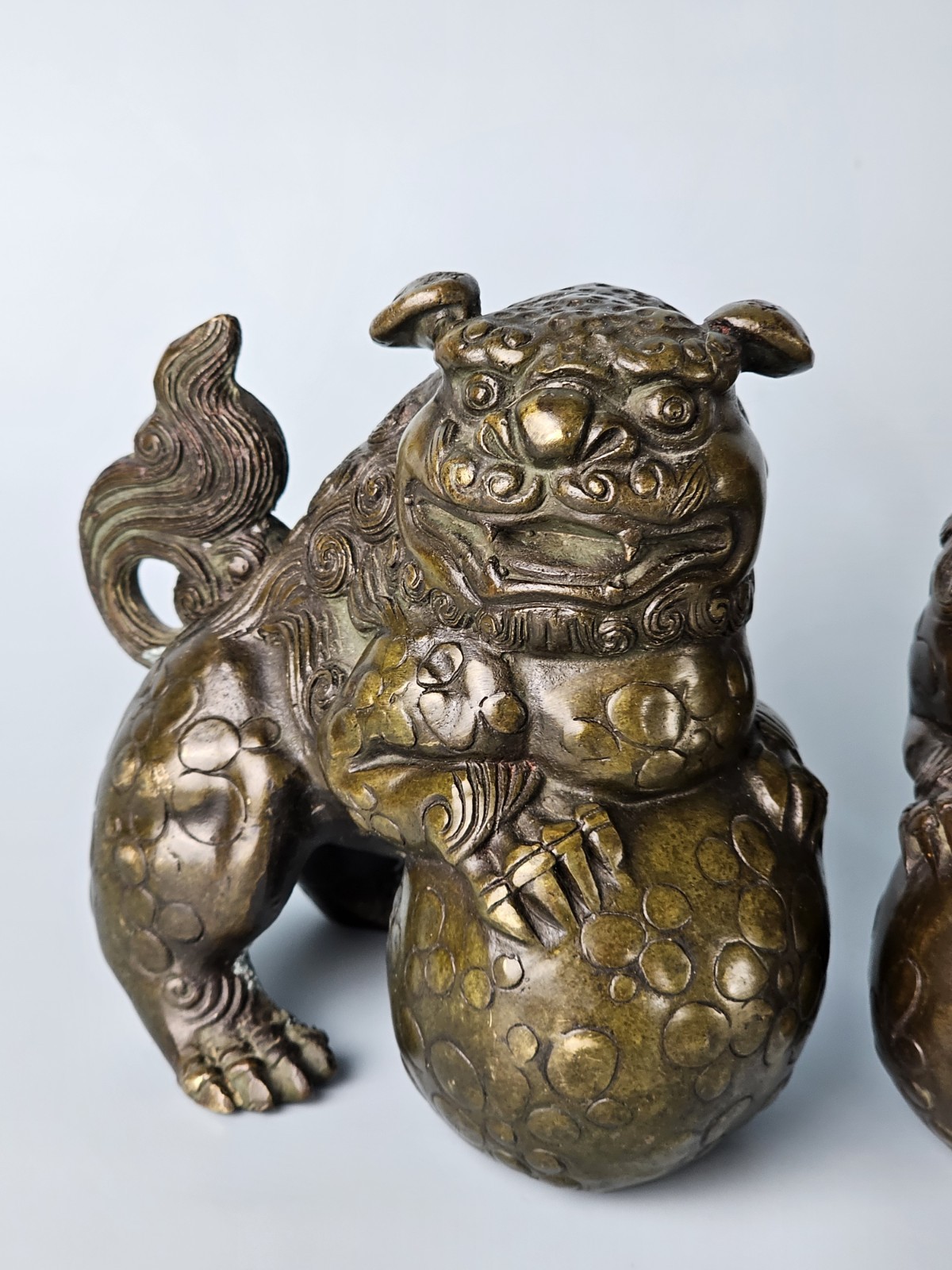 Vintage Asian Mythical Fu Foo Dog Guardian Lions Bronze Sculpture Marked