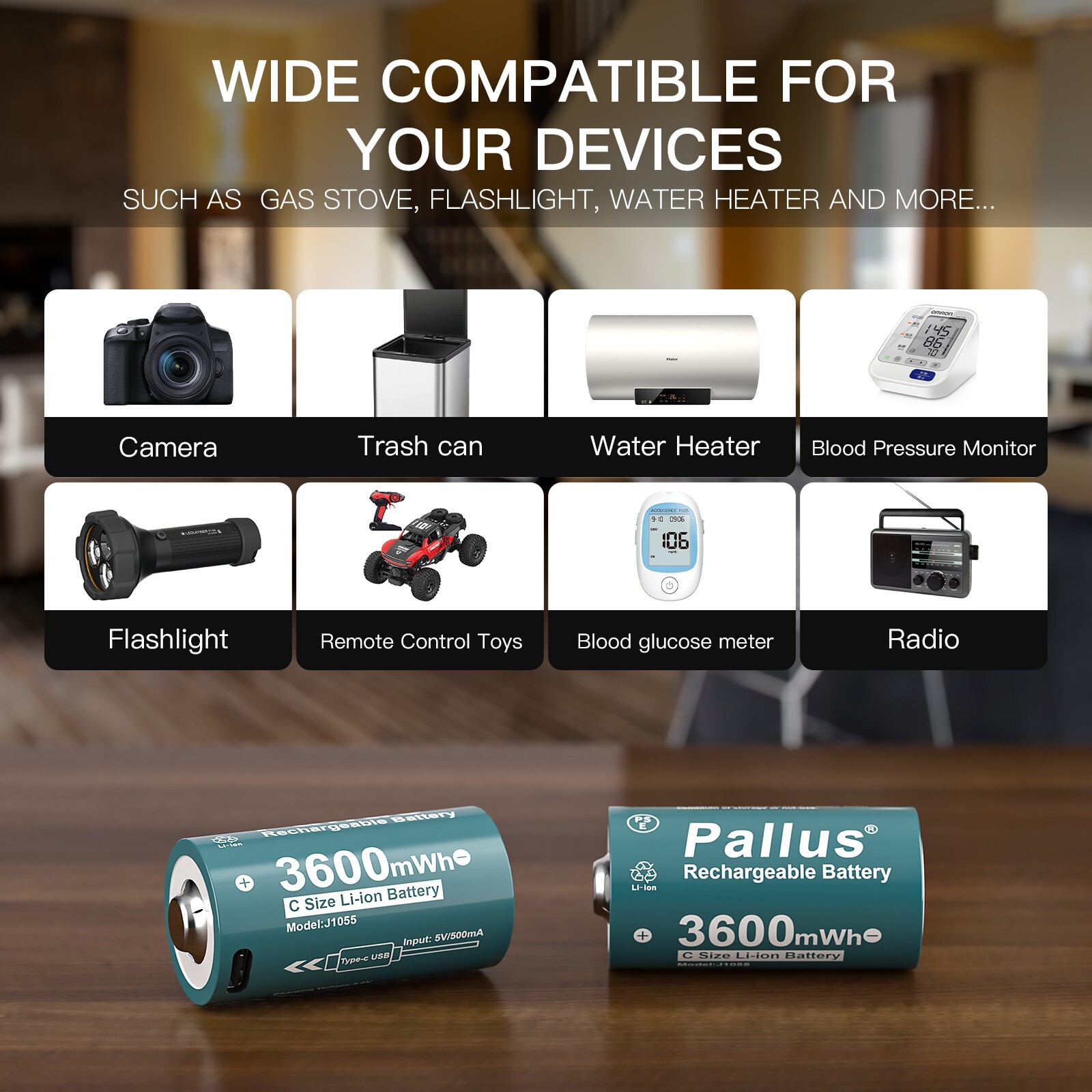 1.5V USB Rechargeable Lithium C Batteries with 4in1 Charger Cable 3600mWh