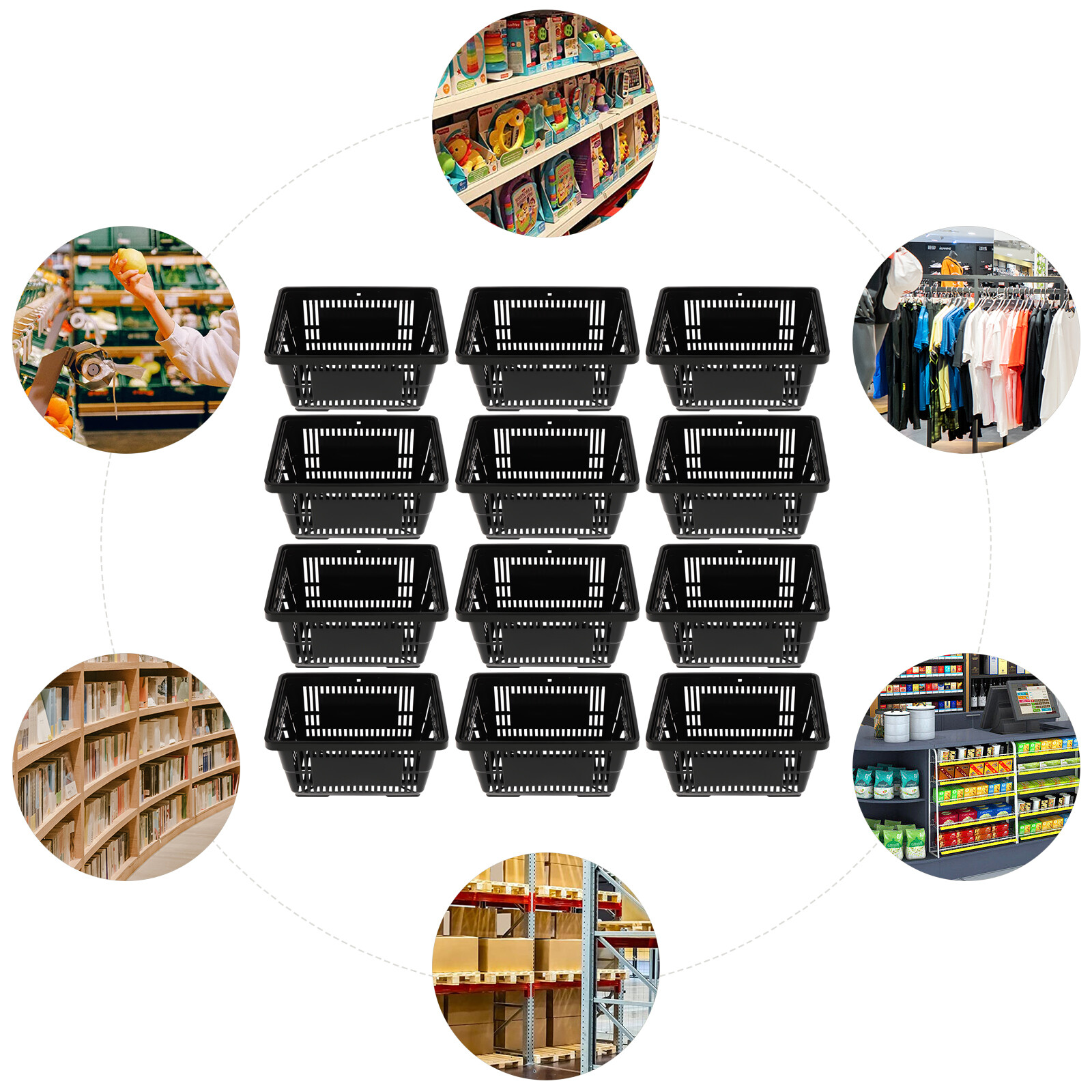 12 PCS Black Plastic Shopping Basket for Market Grocery Retail Store + Handles