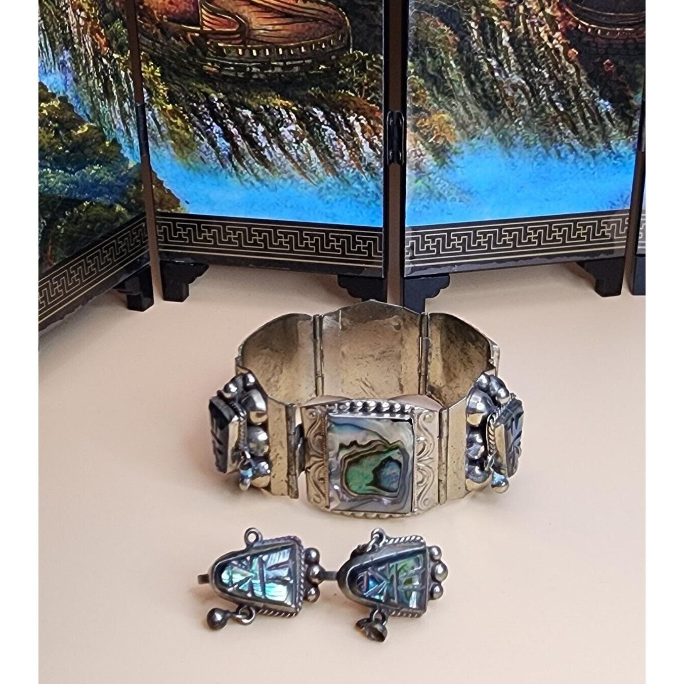 70 Yr Old TAXCO MEXICO Sterling Silver Abolone Bracelet & Earrings Set 61.66 Gr.