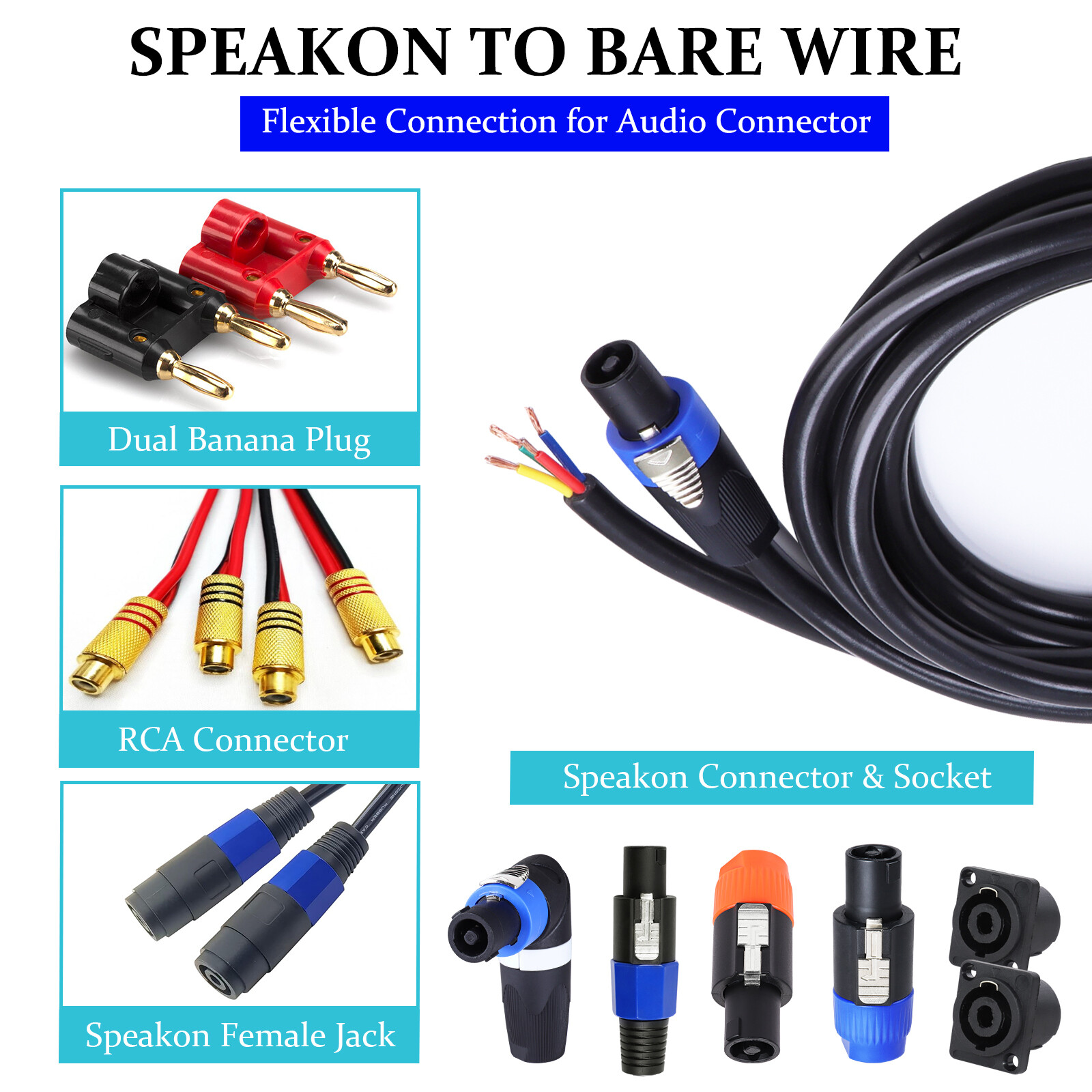 4 Wire Speakon Cable 12 Feet 12 Gauge Chuchero Box, Loudspeaker, Tweeter PA Wire