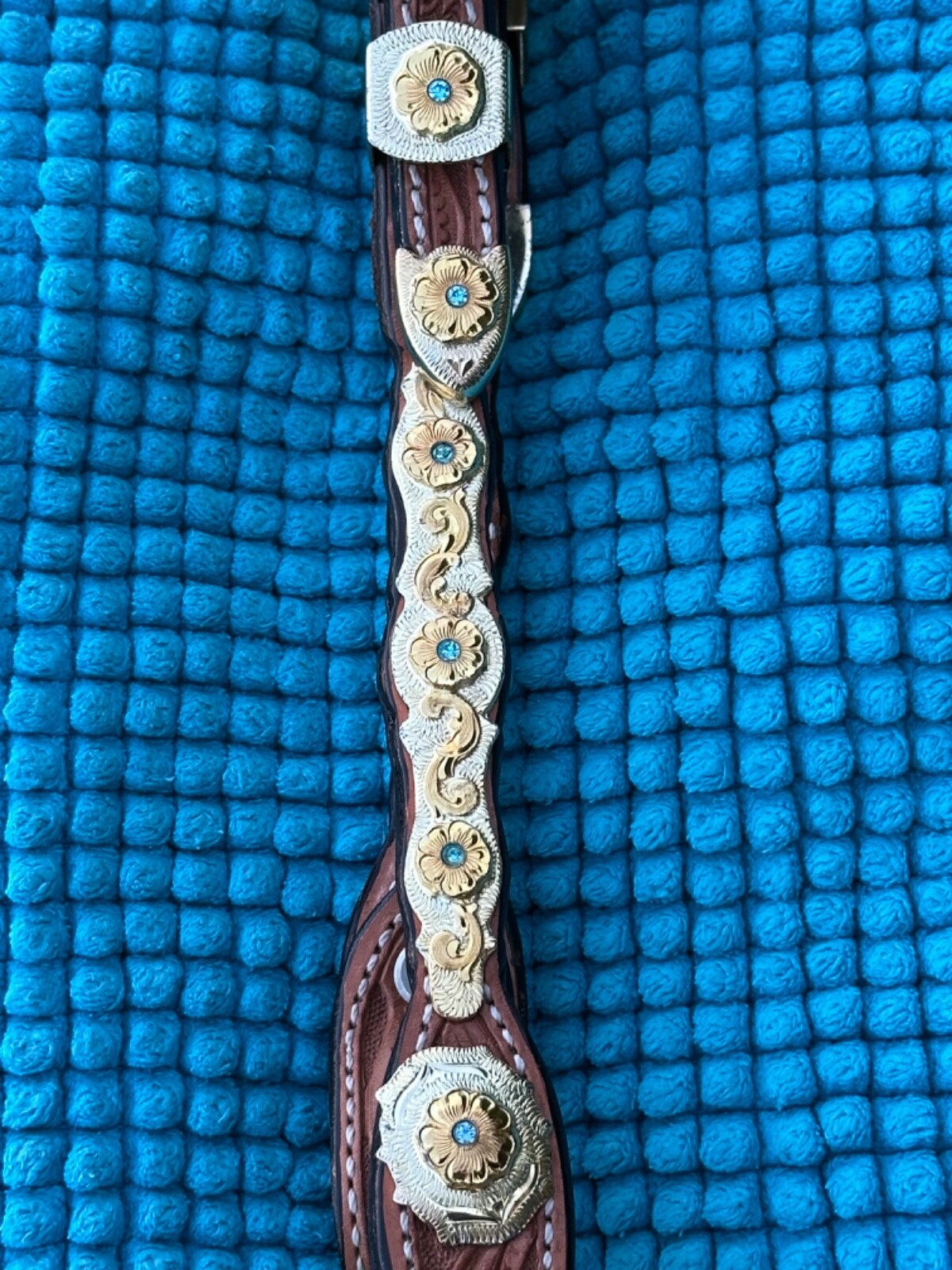 BILLY ROYAL Headstall GOLD & SILVER w Blue CRYSTALS ~ Close Up Pictures