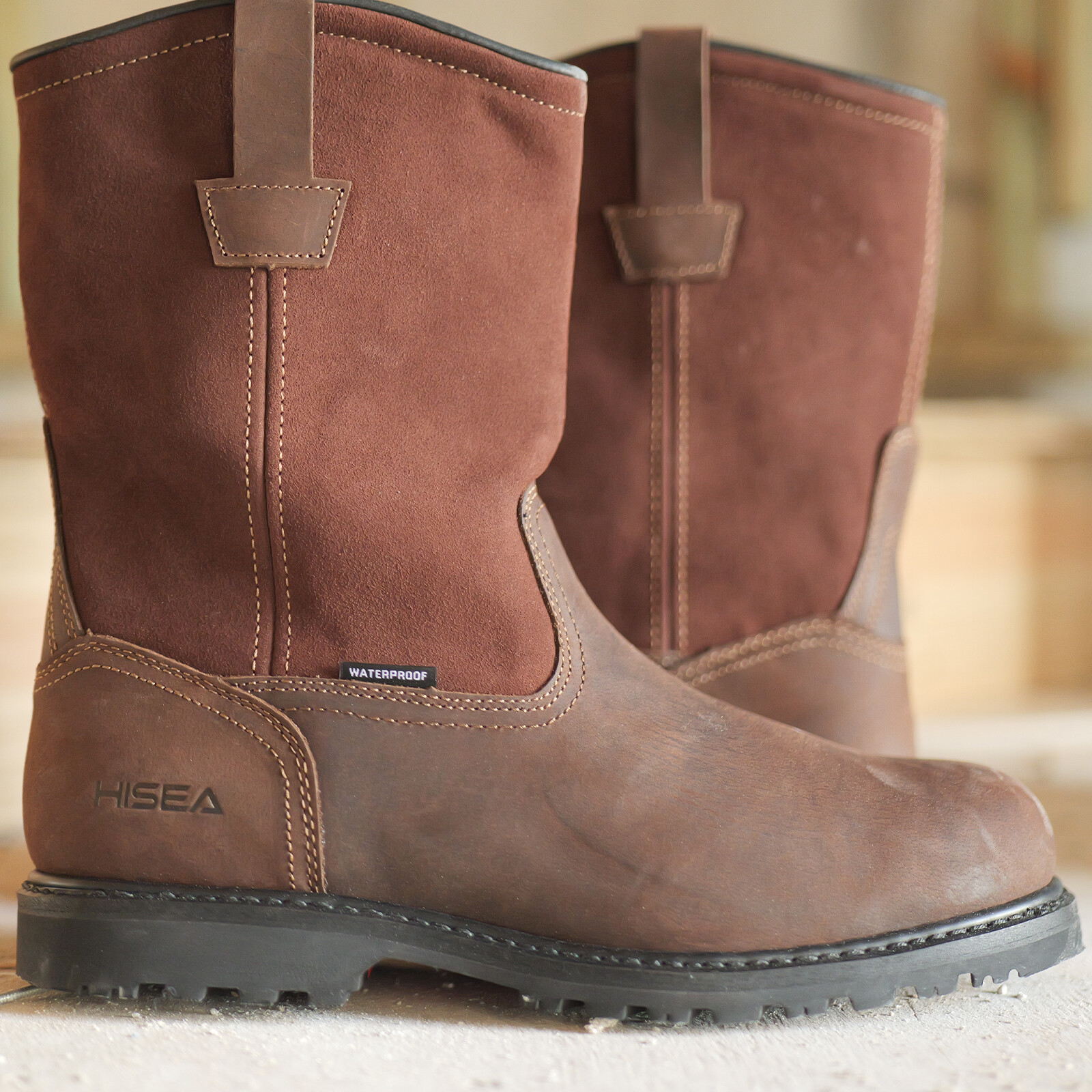 HISEA Men Steel Toe Safety Work Boots Pull On Waterproof Leather Wellington Boot