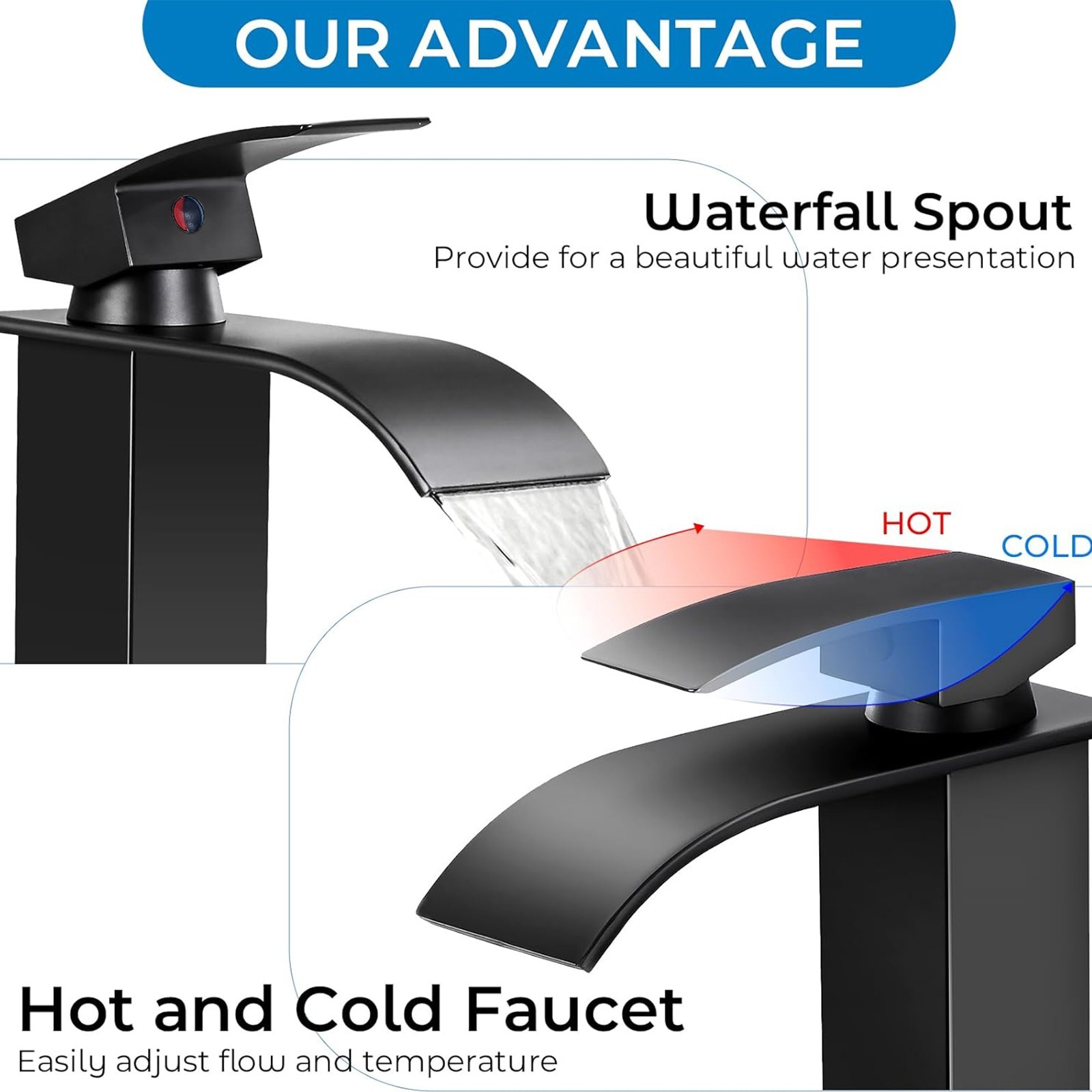 Black Modern Waterfall Bathroom Sink Vanity Faucet Single Handle Taps with Drain