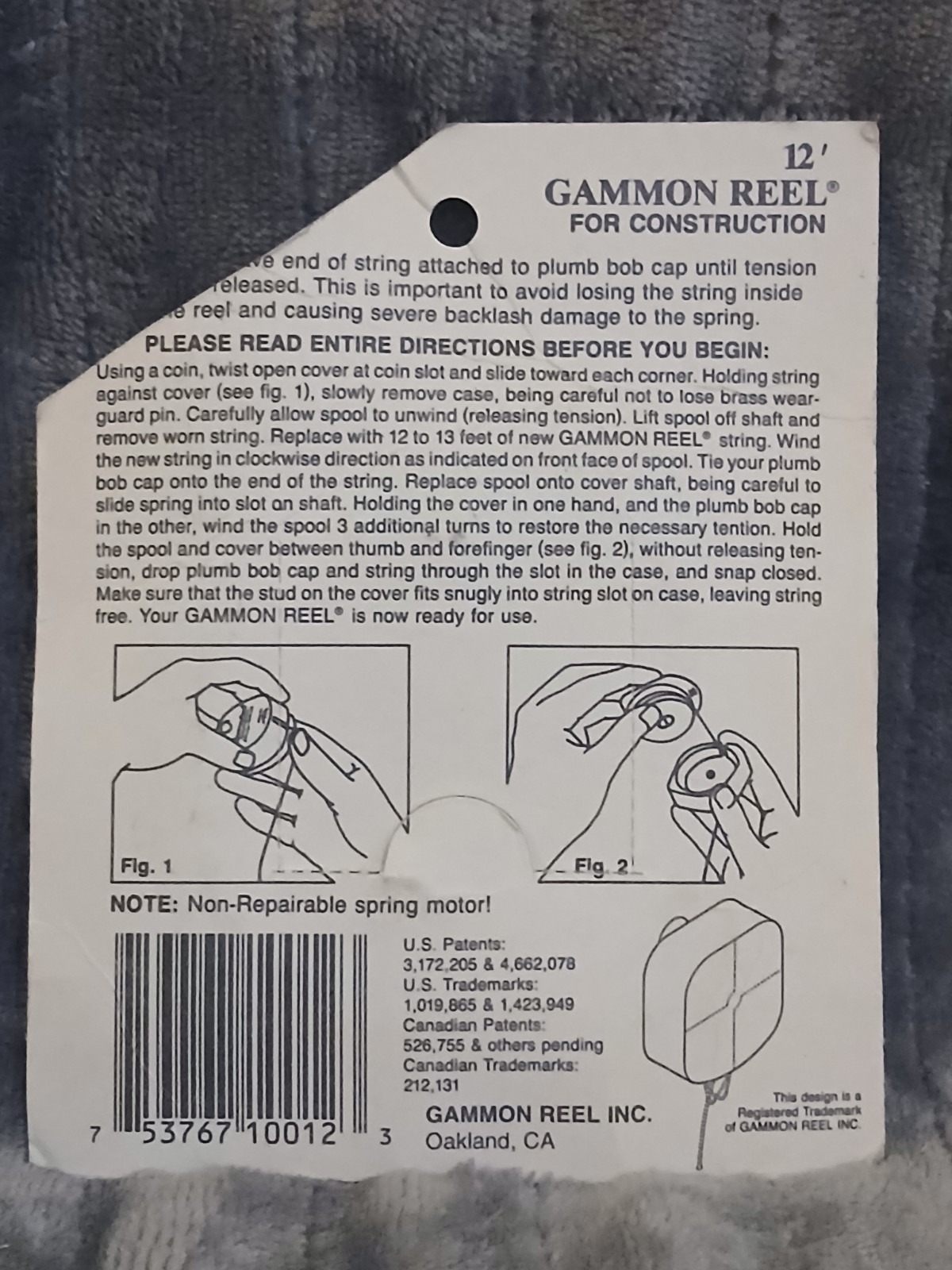 12 Foot HiViz Gammon Reel for construction plumb bob line reel