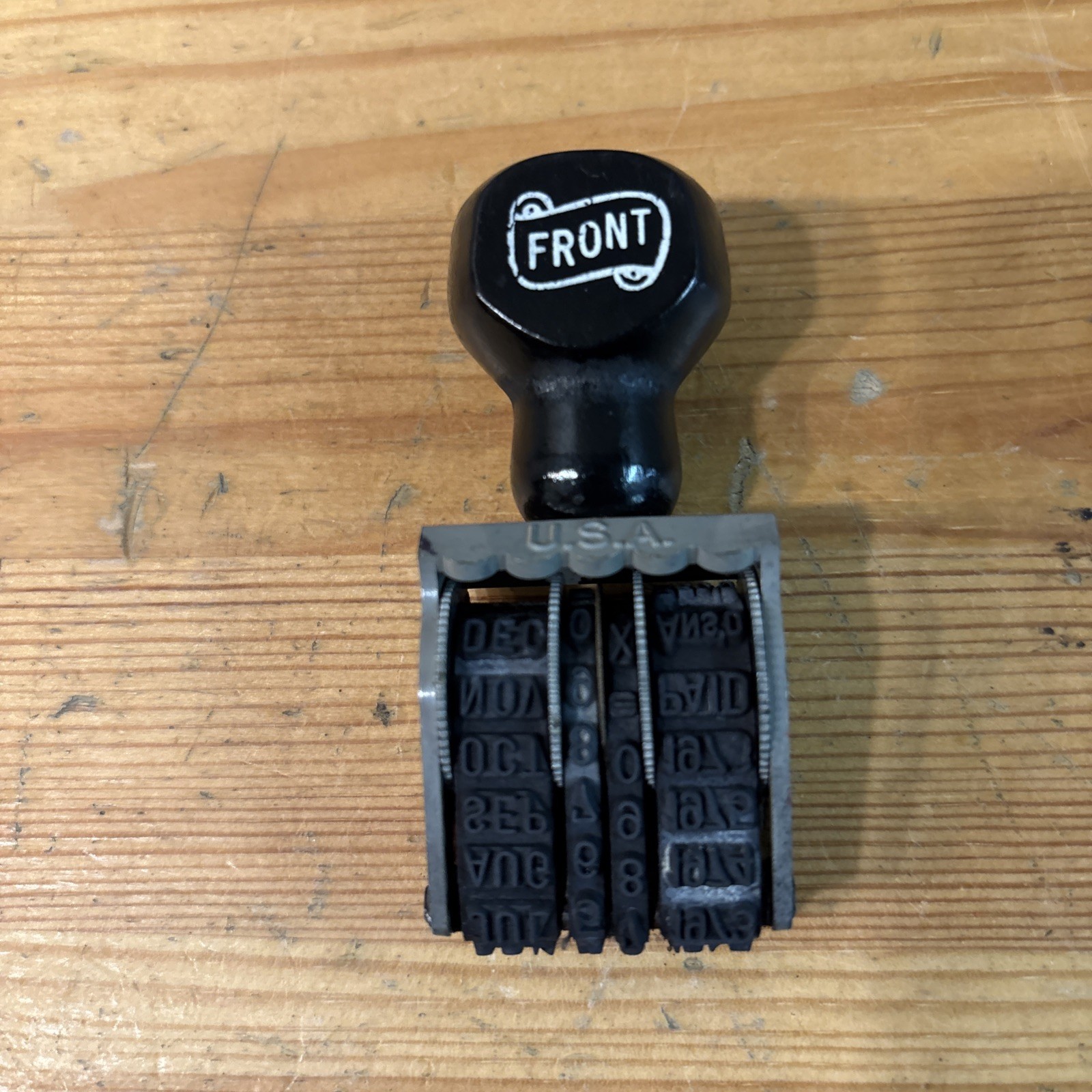 Vtg Front Rotary Date Stamp Wood Handle Metal Wheels Made In USA FREE SHIPPING