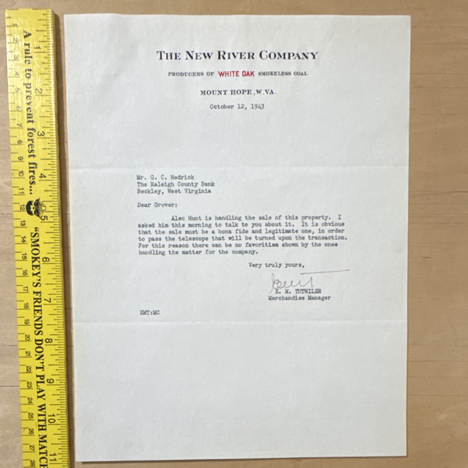 New River Company Letter 1943 Mount Hope WV White Oak Coal Correspondence