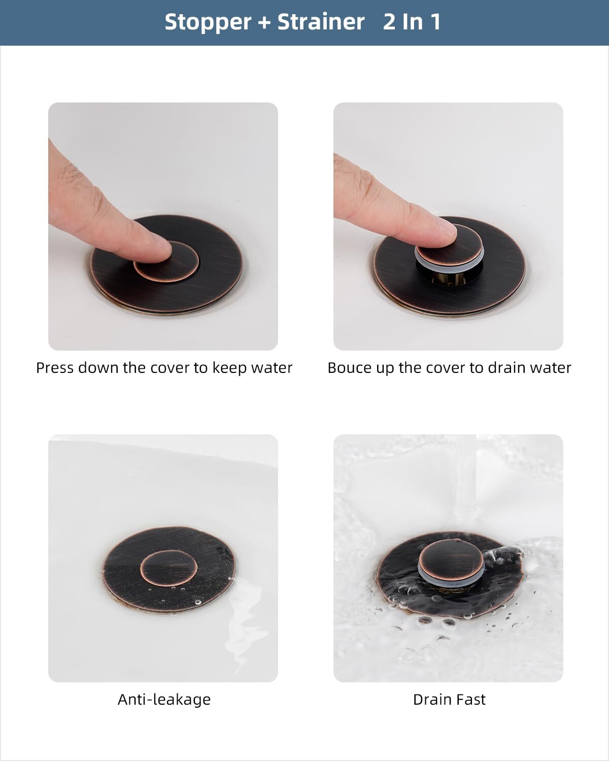 2 Pack All Metal Universal Bathroom Sink Stopper, Pop Up Sink Drain Strainer