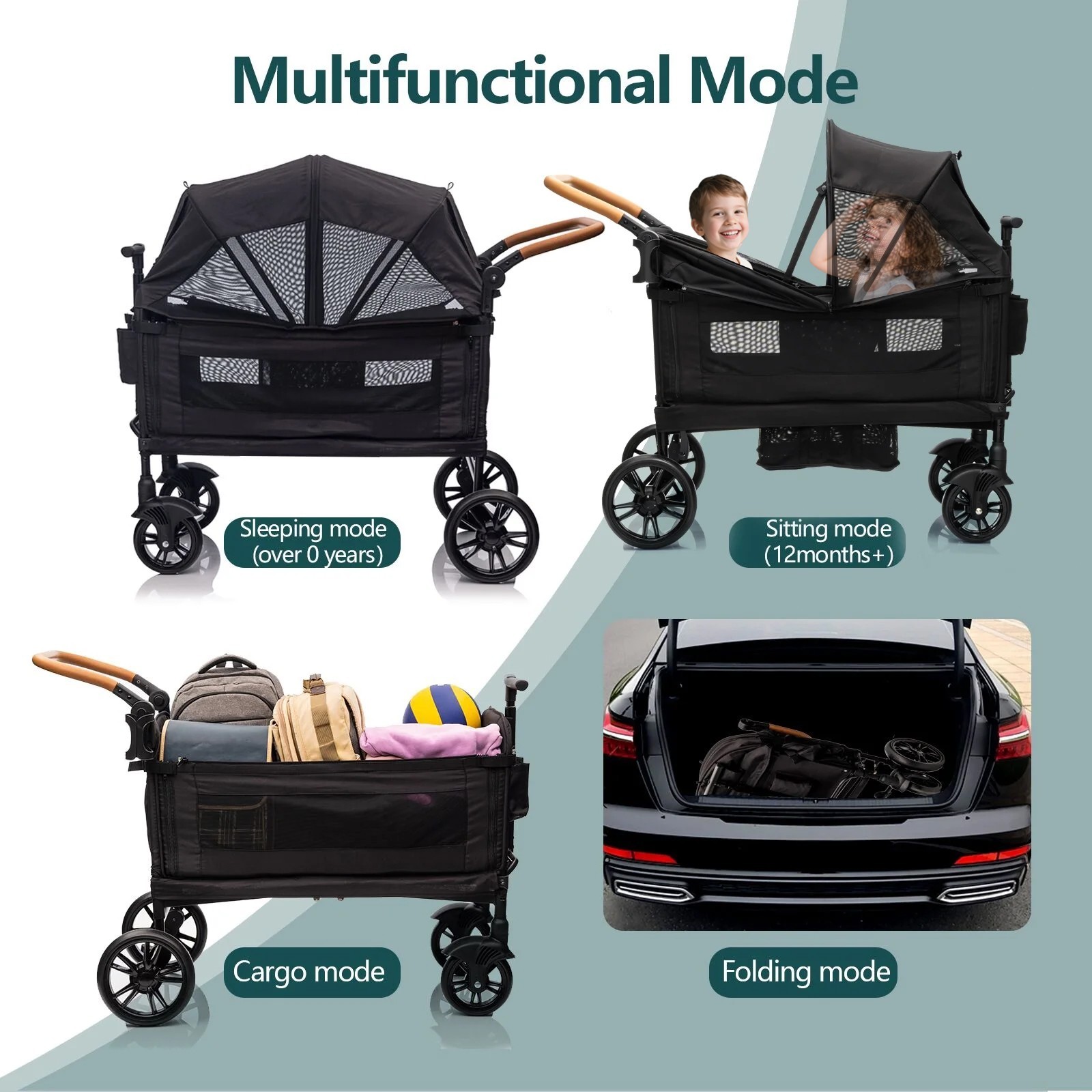Wagon Stroller for 2 Kids with Adjustable Handle and Canopy,Kids Tray,Cup Holder