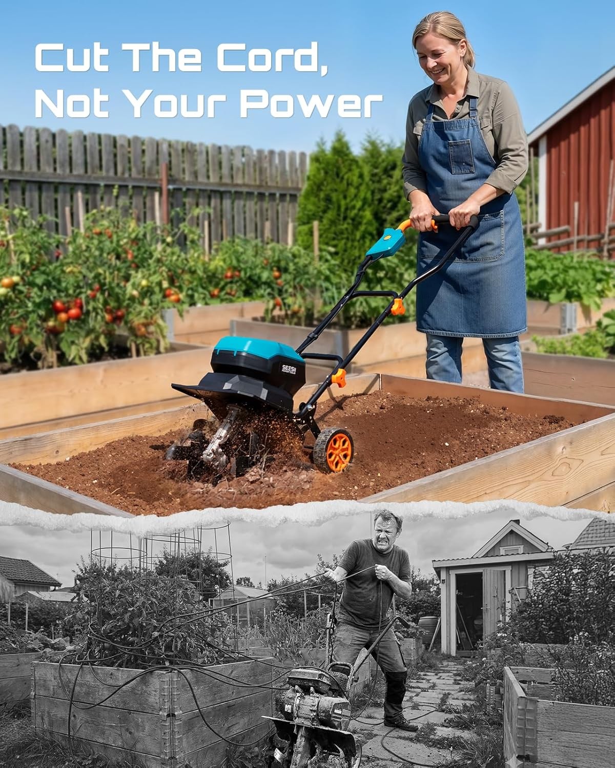 Seesii 40V Electric Tiller Cultivator 2×5.0Ah Battery Cordless Soil Rototiller