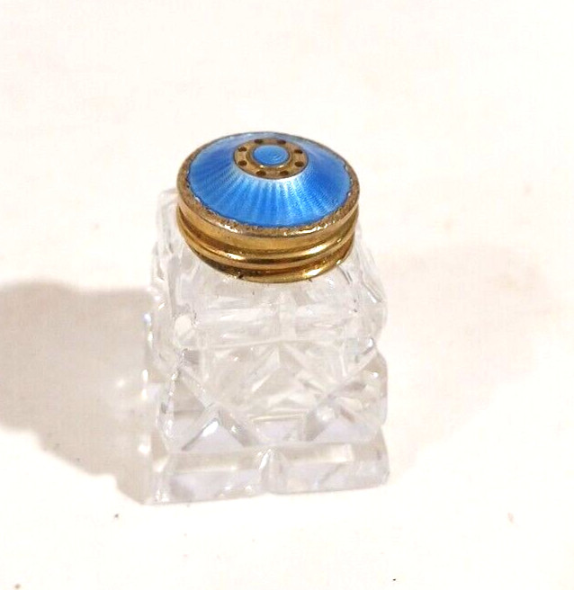 Norway Sterling Silver Blue Guilloche Enamel Cut Crystal Salt Shaker Single mini