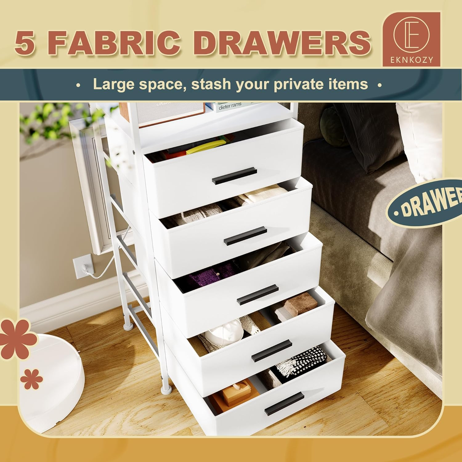 Nightstand 5 Drawer Dresser with LED Lights and Charging Station, Vertical Side