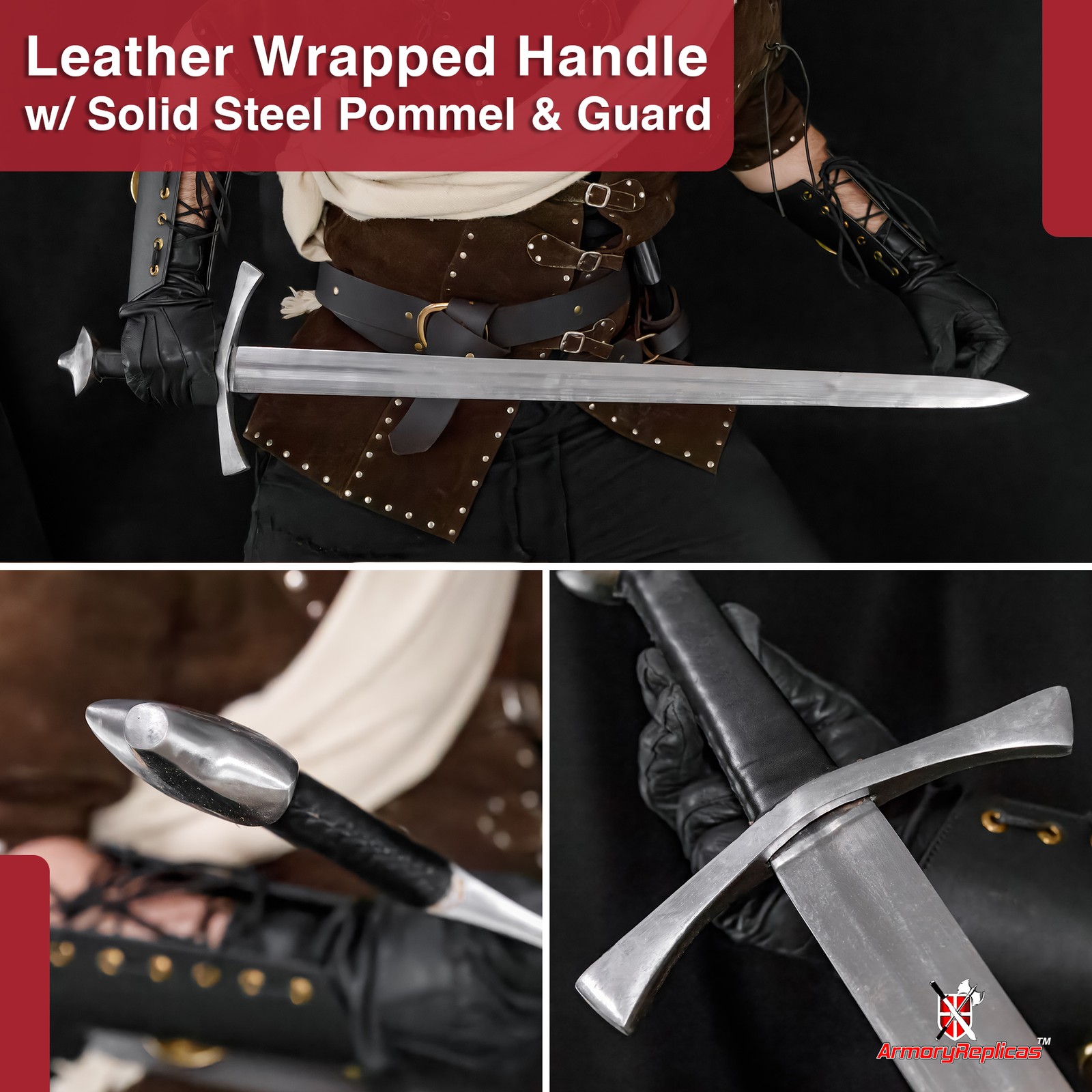 Medieval Arming Long Sword 1065 Steel Full Tang Battle Ready w/ Leather Scabbard