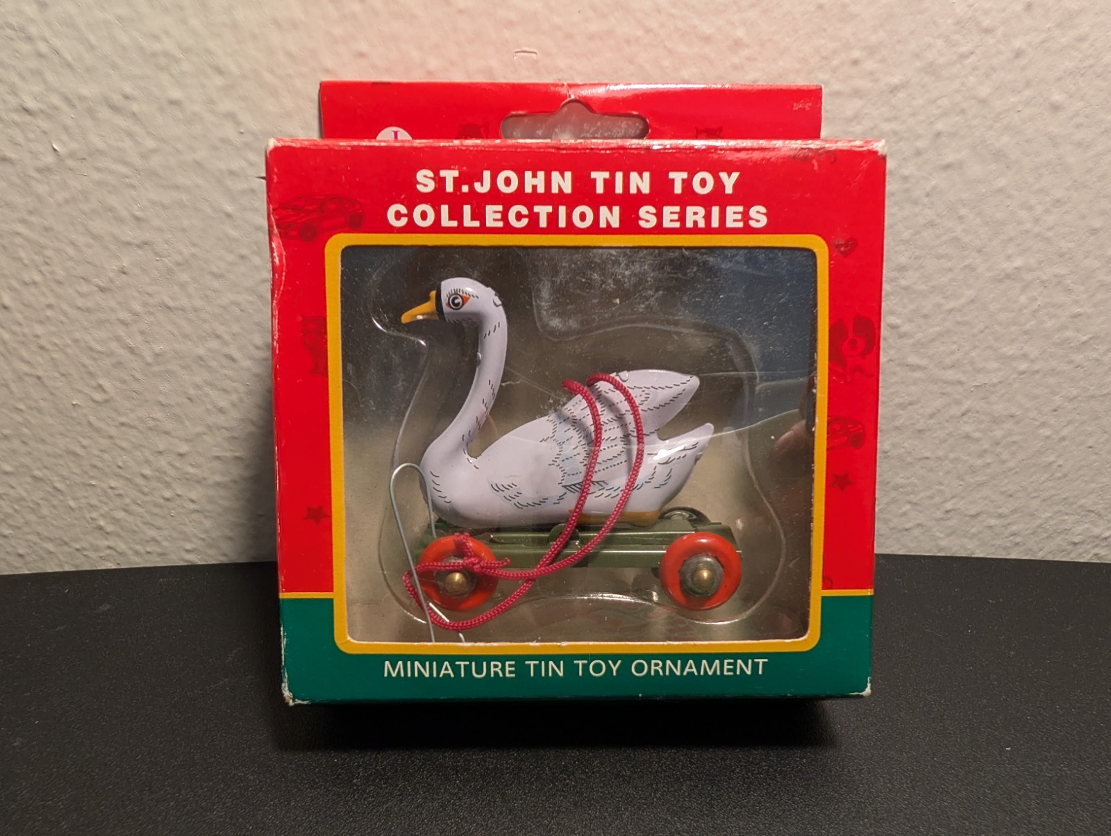 Vintage St. John Tin Toy Collection Series Christmas Ornament - Swan On Wheels