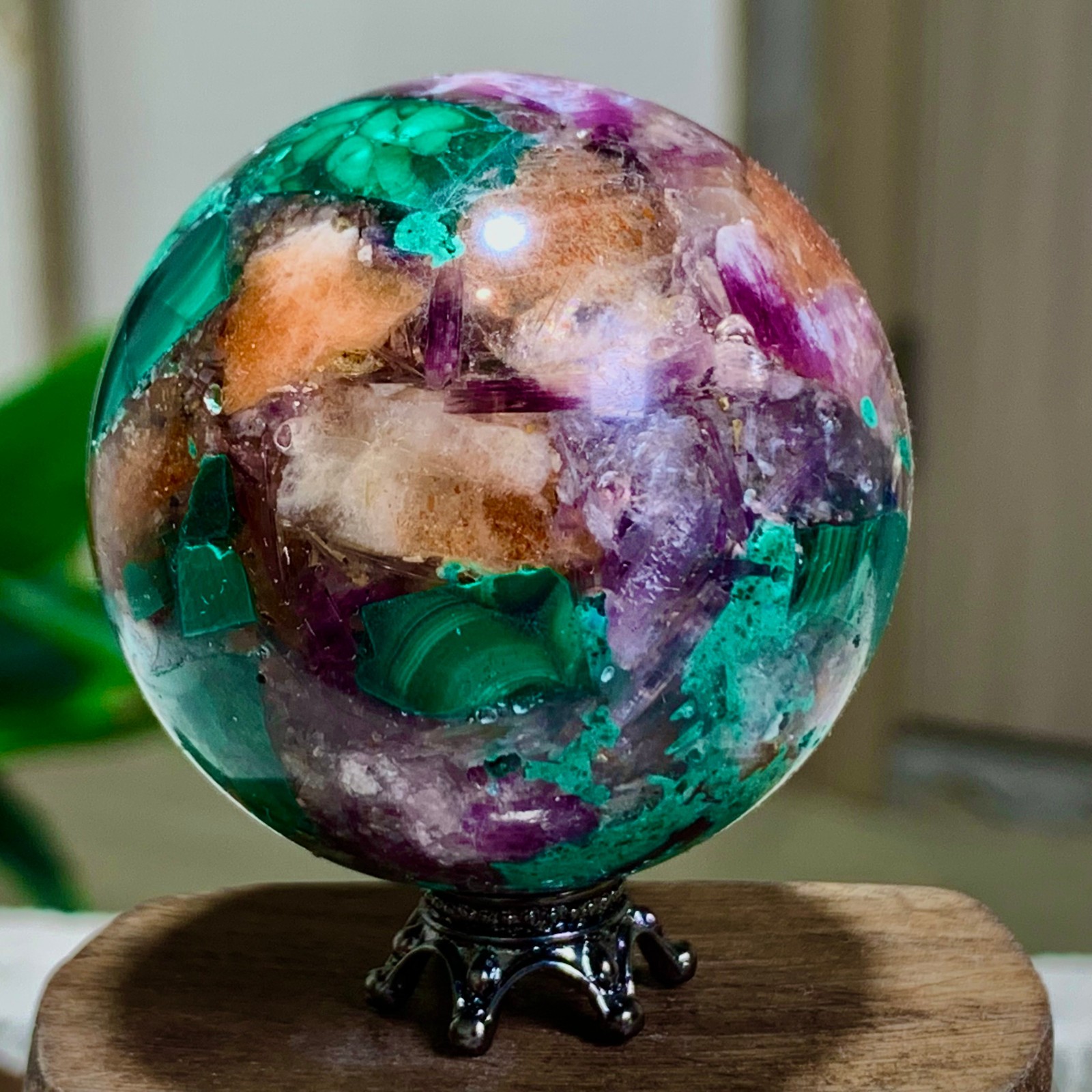 117G Newly discovered rare malachite purple mica symbiotic sphere restoration