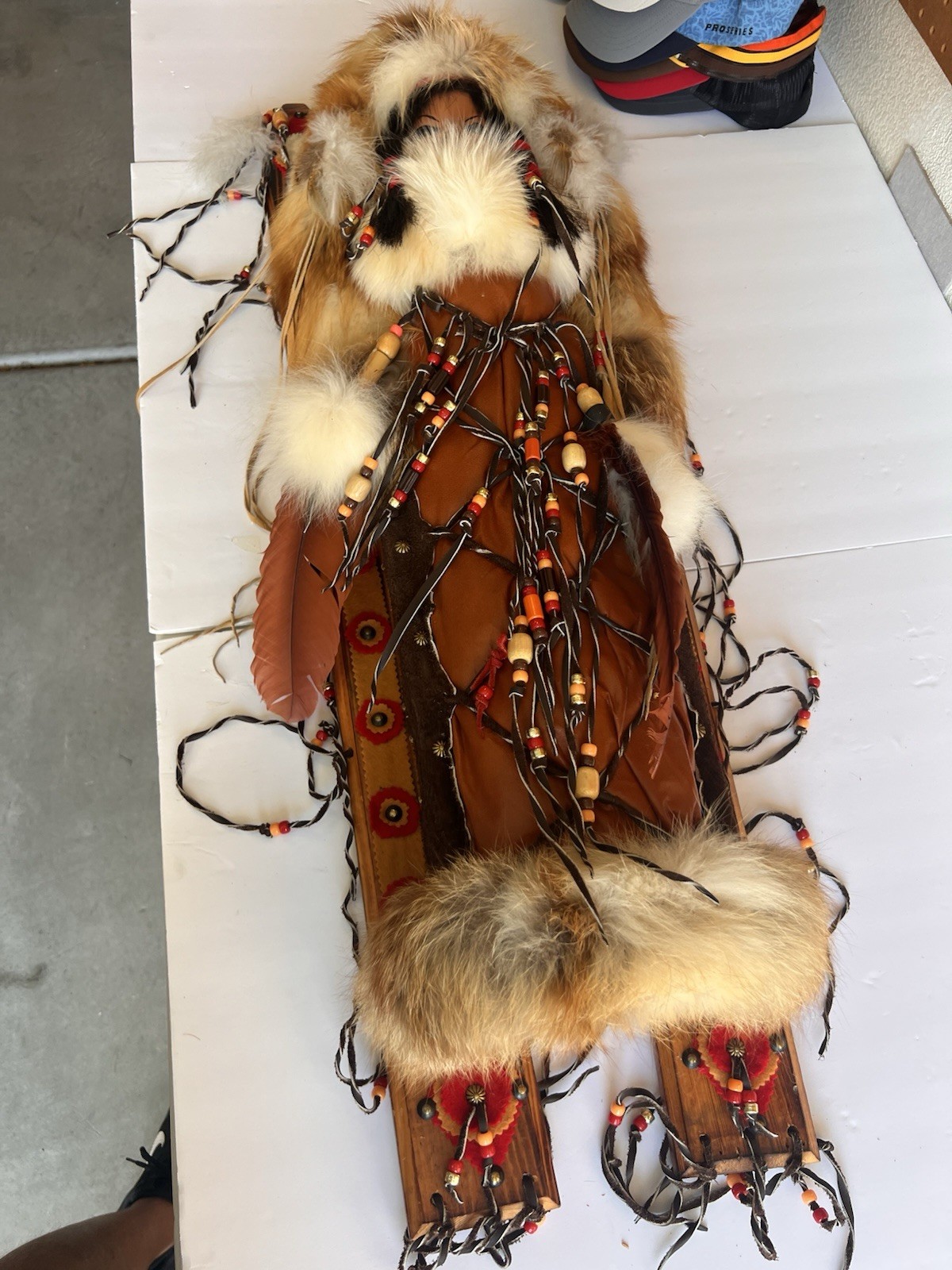 Native American A Papoose/Cradle Board Hand Made 'Coyote Woman' 38" Heavy