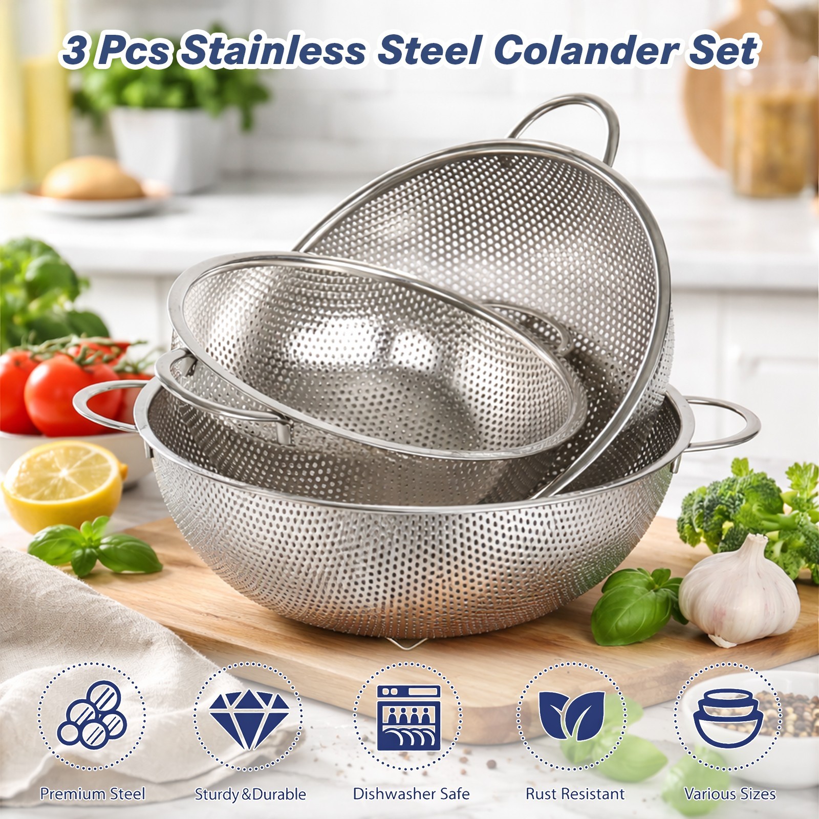 tastyWay 3Pcs Colander Set Stainless Steel Kitchen Bowl Drainer Vegetable Sieve