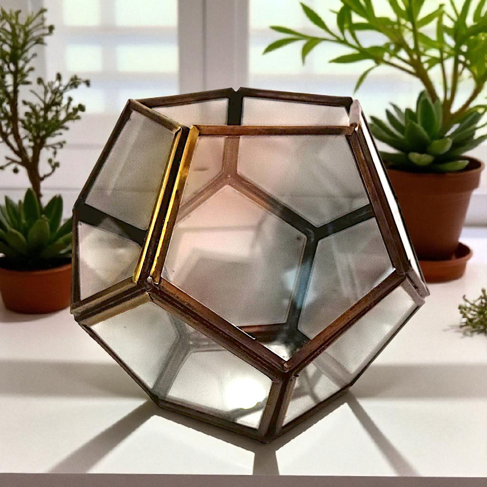Vtg Brass Glass Terrarium Octagon Geometric Planter Display Case Candle Holder